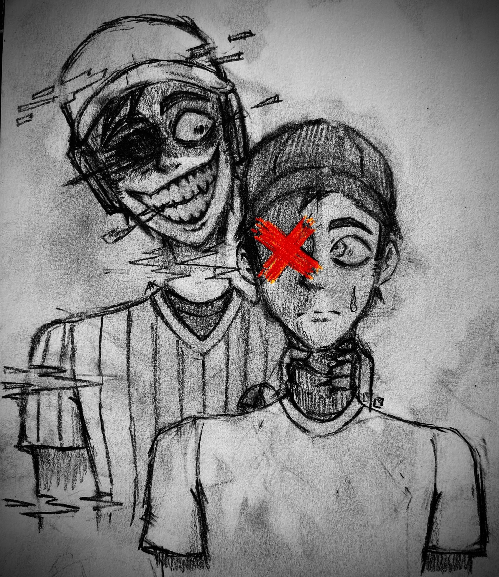 On the left is C0D1NG_3RR0R (dressed as Ballman) with an eerie smile as he looks down at Phillip Nelson (dressed as Batter), while glitching with excitement. Philip stares at him in fear with an orange “X” under his right eye, while Error slowly grasps on Phillip’s neck.