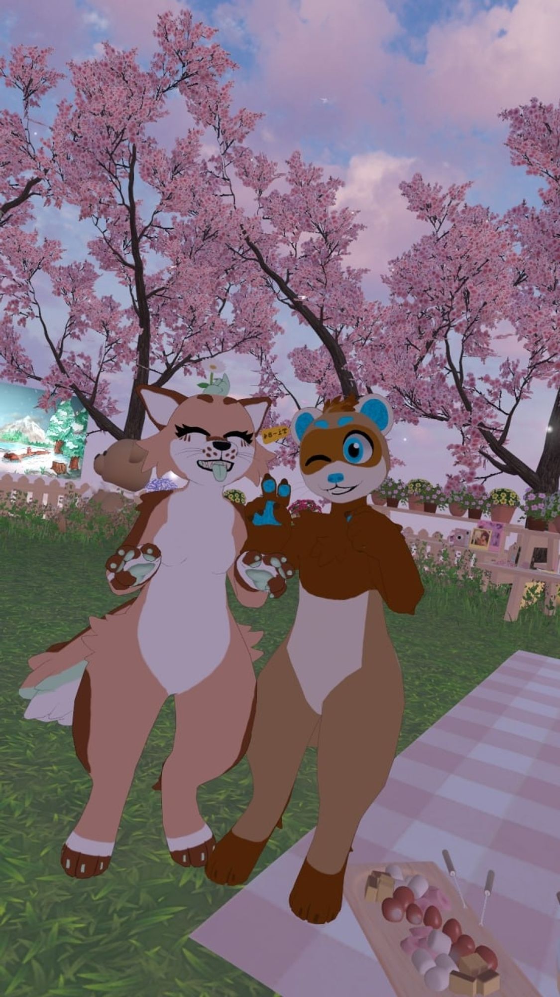 Virtual Ferret and fox smiling for a picture, fullbody selfie.