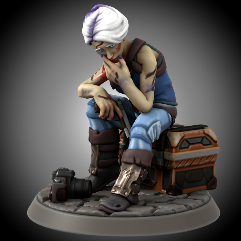 A woman in a tanktop sitting on a metal crate and holding a gun. Her white and purple hair is bound up and she looks tired and sorrowful. There are many cuts and bruises all over her. A camera is on the ground.