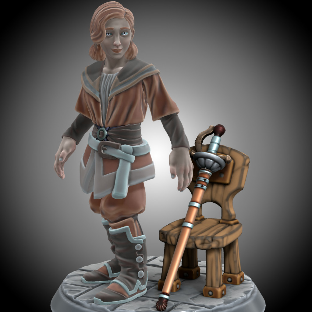 A rapier in a bronze sheath bound with solidified quicksilver reinforcements leaning against a chair. Beside is a semi transparent non-binary figure wearing a tunic and breeches in the same colors as the rapier.