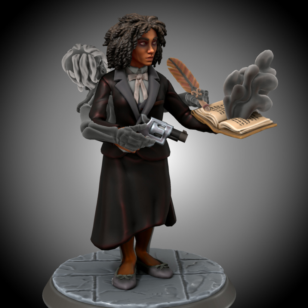 A black-woman in vaguely metallic business dress. In her left hand, she is holding a book out of which smoke or mist is rising. In her right hand, she holds a snub-nosed revolver. A skeletal ghost lingers over her shoulder, coming out of her back and is writing in the book while holding the gun with her.