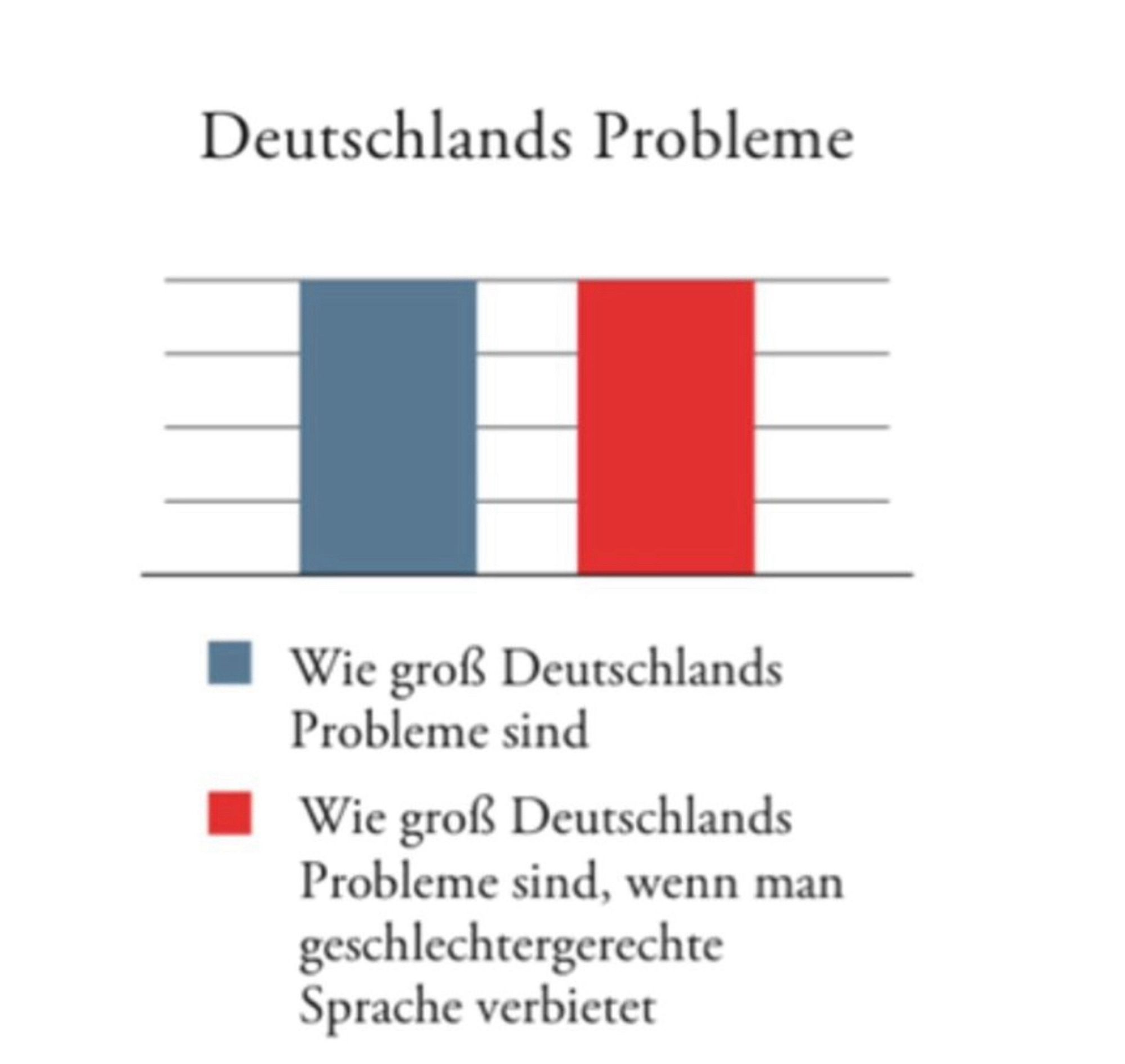 Überschrift: Deutschlands Probleme
Darunter zwei gleich große Balken. 
Einer mit der Unterschrift:
„Wie groß Deutschlands
Probleme sind“
Der andere mit der Unterschrift:
„Wie groß Deutschlands Probleme sind, wenn man geschlechtergerechte Sprache verbietet“