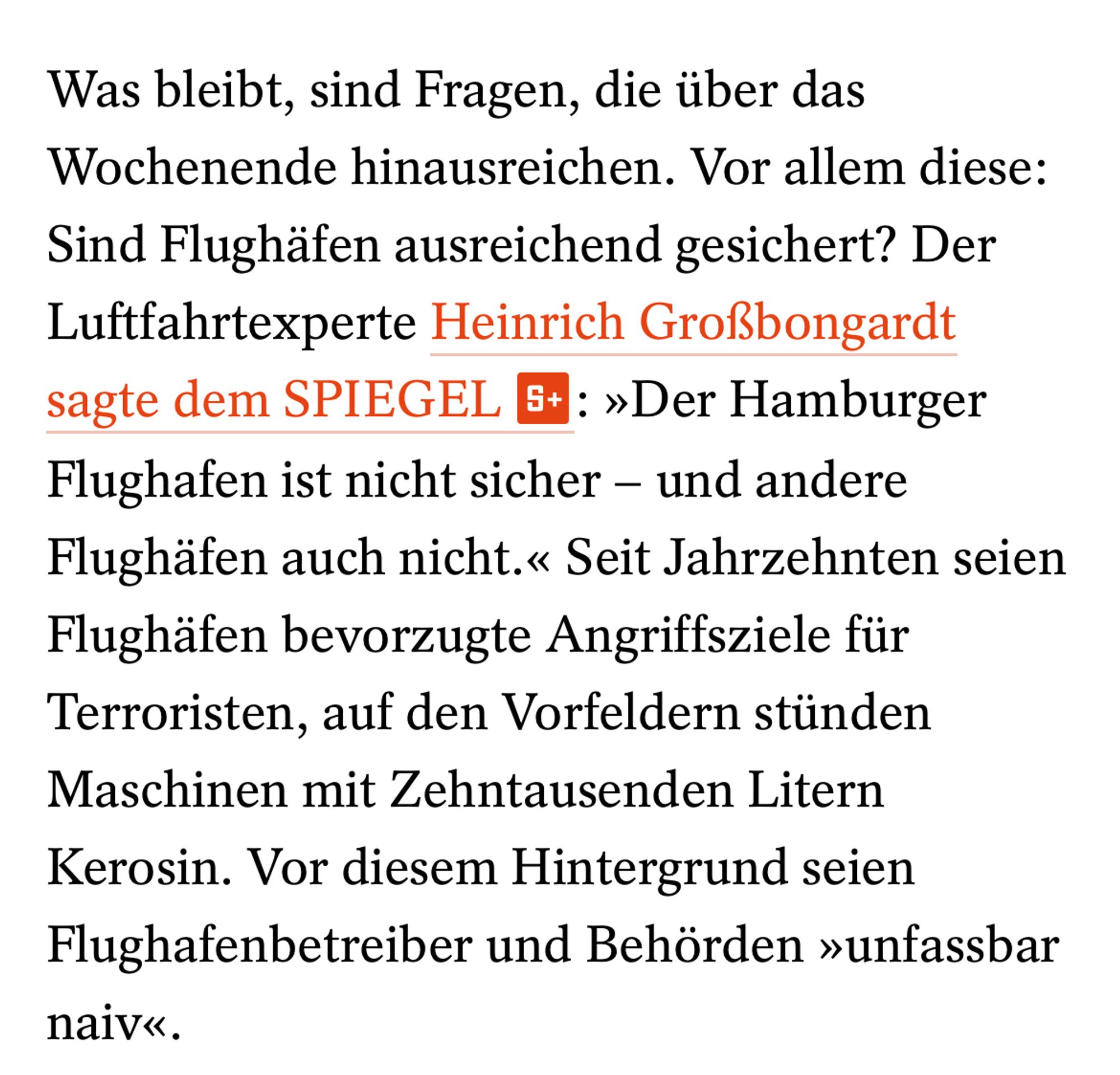 Screenshot eines Teils des Spiegelartikels, in dem die Frage nach der Flughafensicherheit gestellt wird.