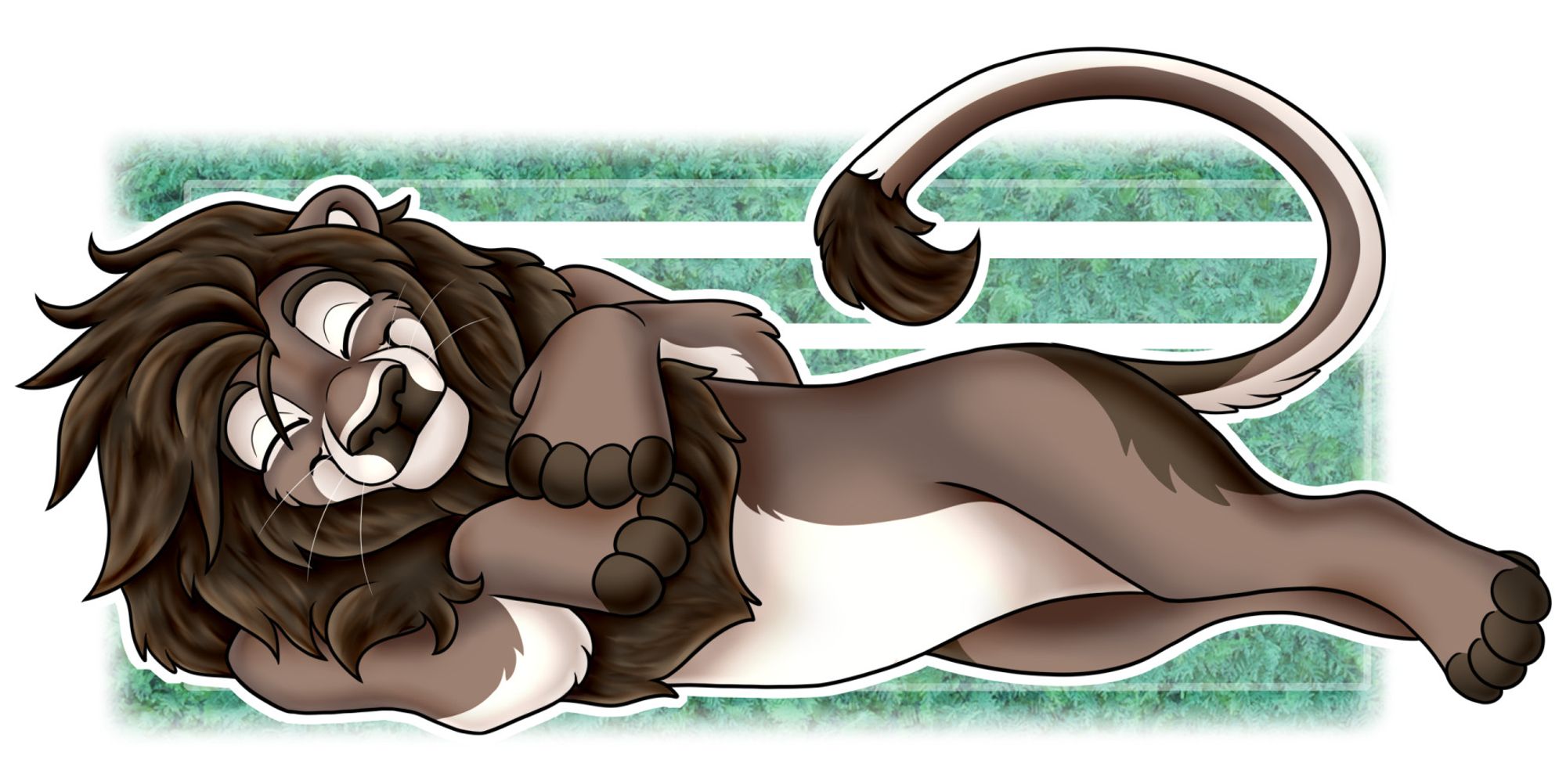 #FurryArt featuring Foelan as a cuddly, snuggly lion! He's laying on his side and holding his big bappy paws to his chest.