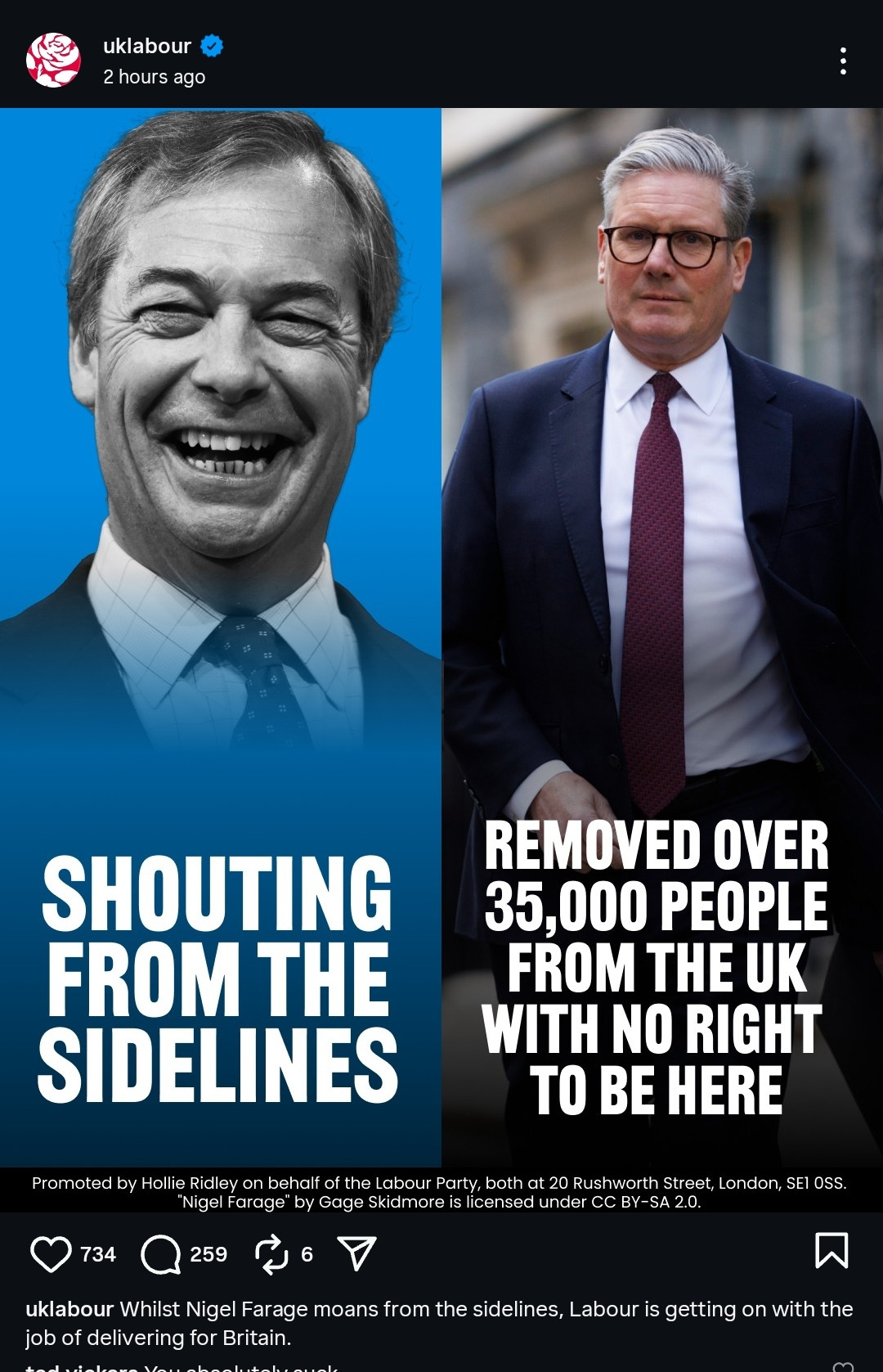 Picture of Farage smiling (?) with the caption "shouting from the sidelines" next to a picture of Starmer looking serious with the caption "removed over 35,000 people from the UK with no right to be here"