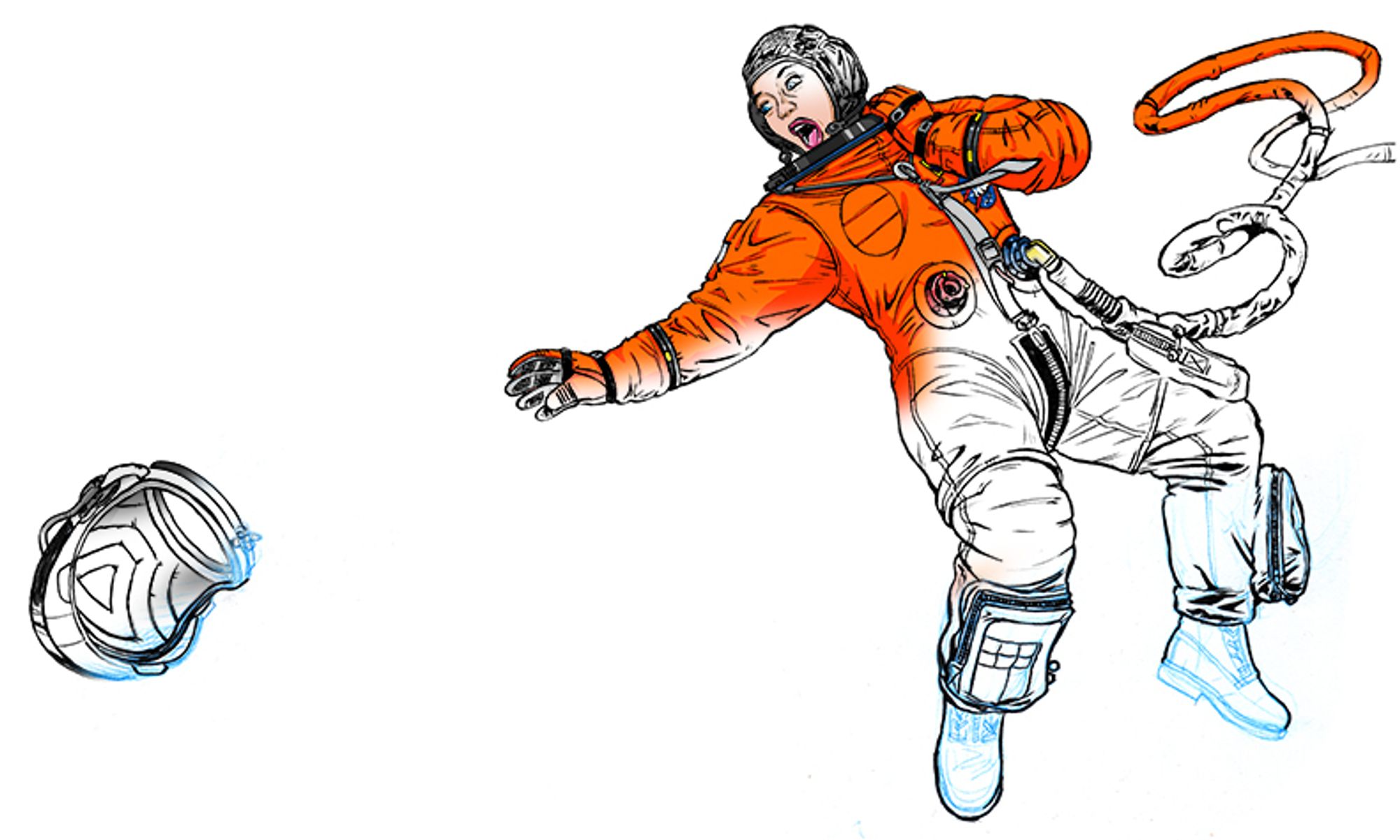 A female astronaut in an orange ACES pressure suit reaches desperately for he helmet as it drifts away from her.