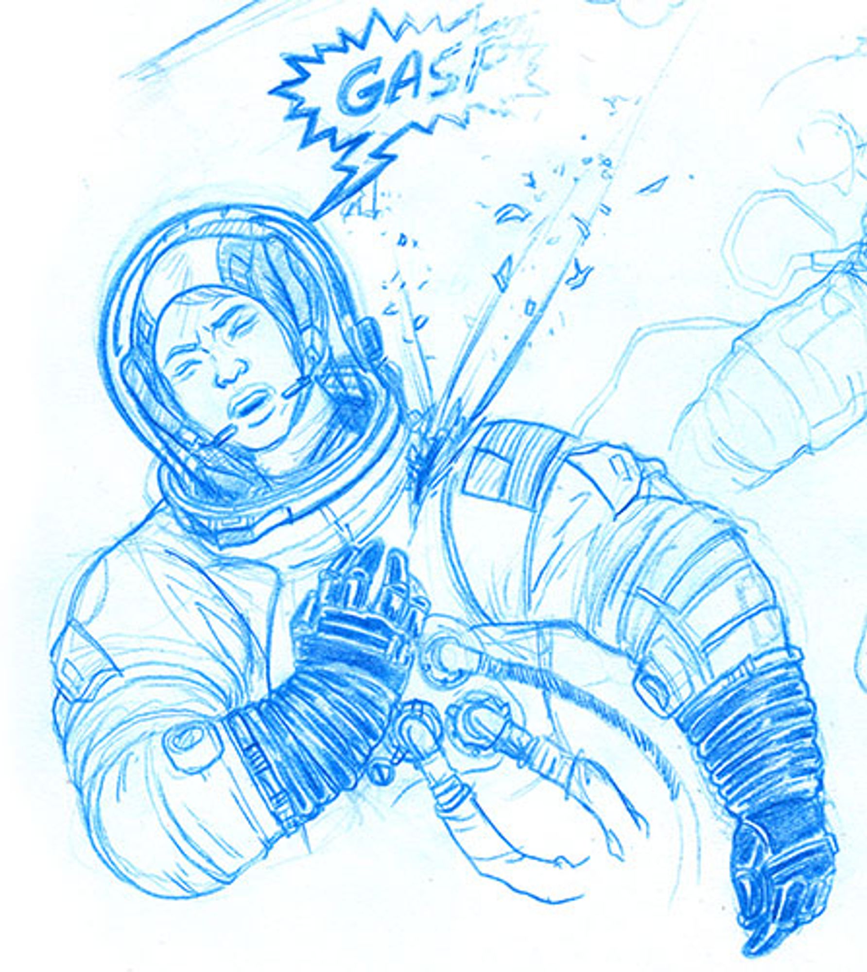 A female astronaut reacts as her A7Lb spacesuit is slashed open by a piece of space junk, releasing all of the air in the suit instantly.