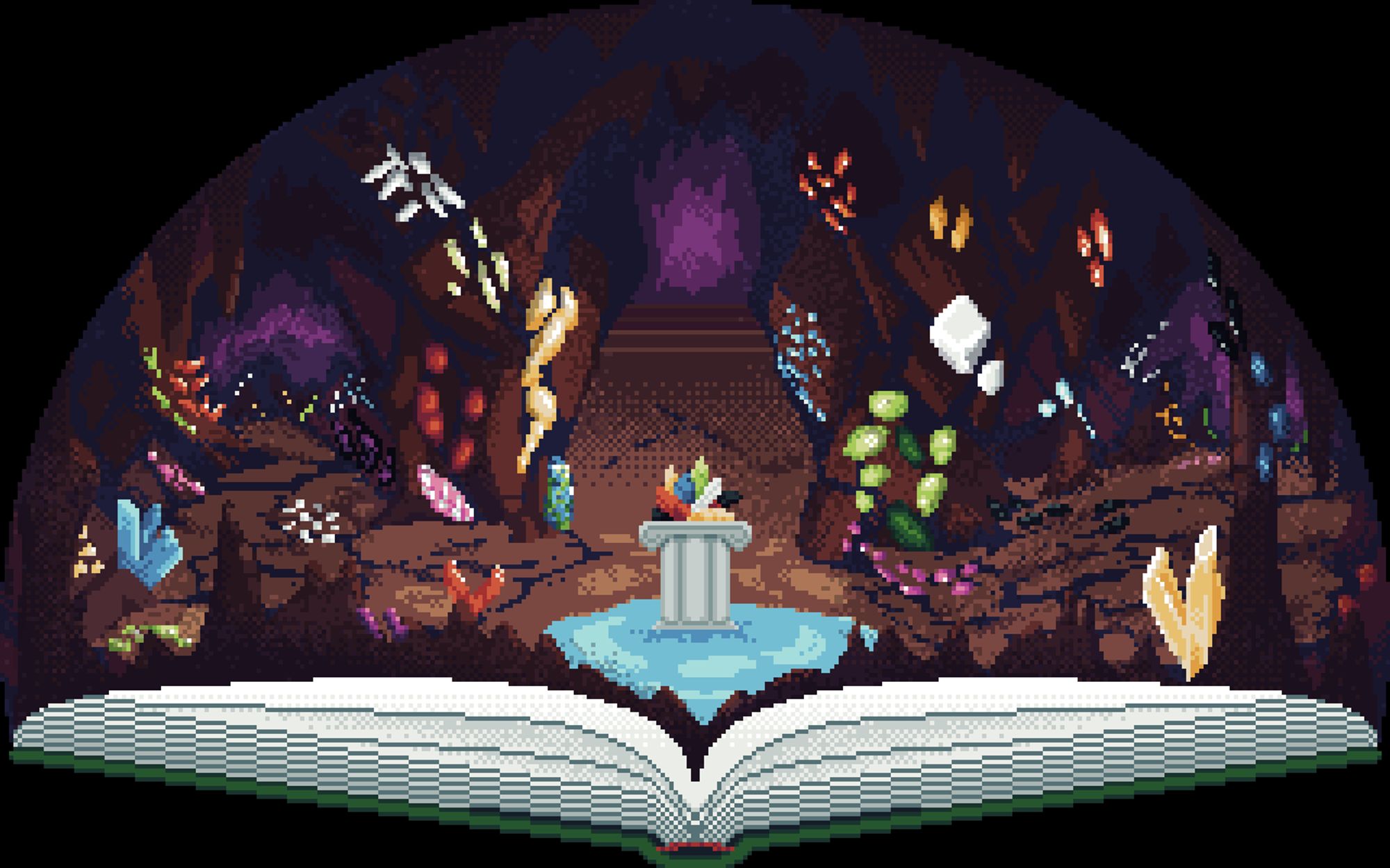 A pixel image of 'The Crystal Caverns' beneath Annwn Academy. A pillar in the centre of the cavern holds a glowing magical artefact.