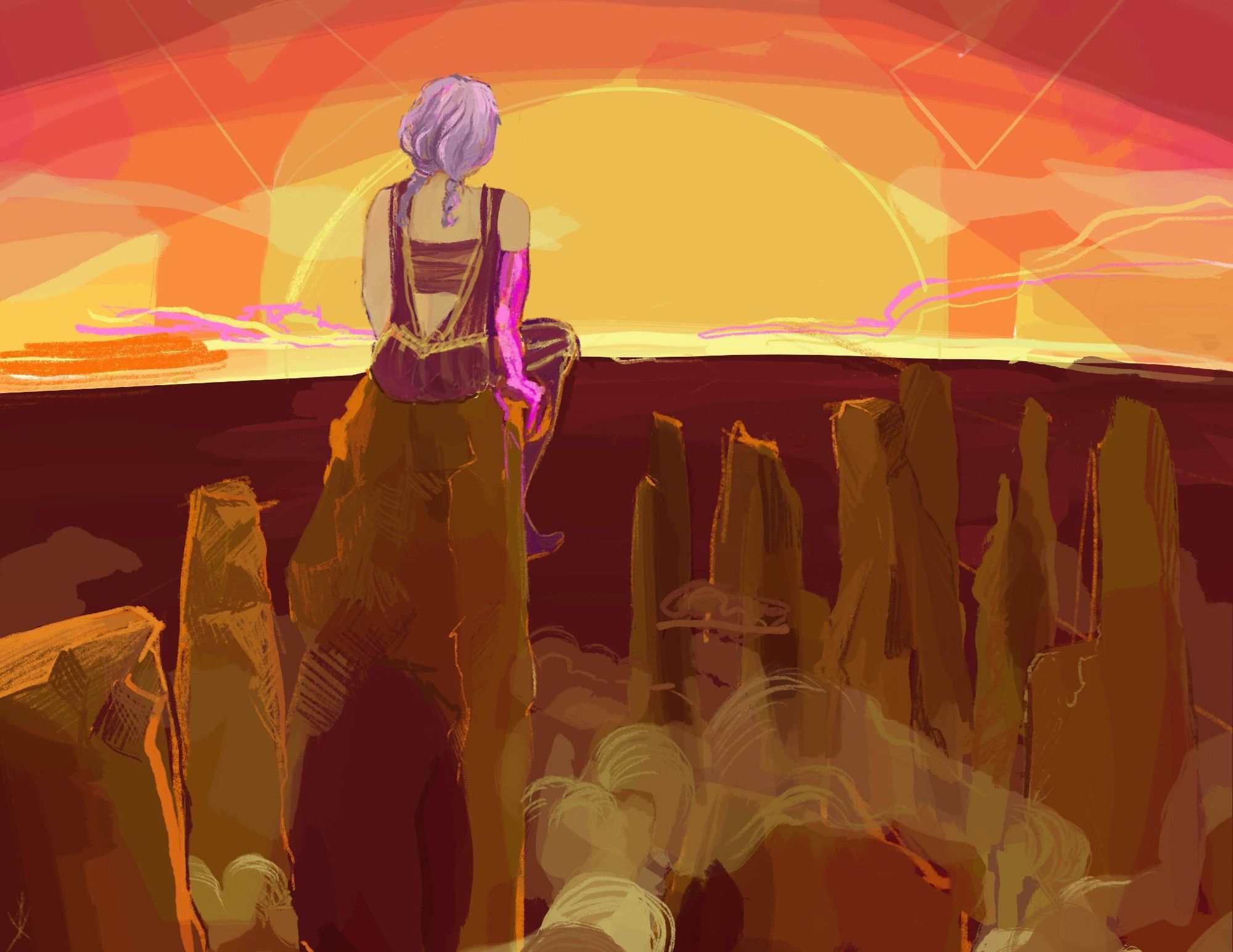 Hesper hanging out atop the tallest place she can find, watching the sun set over the wine-dark sea (yes I am very satisfied that I finally got to draw an actual wine-dark sea)