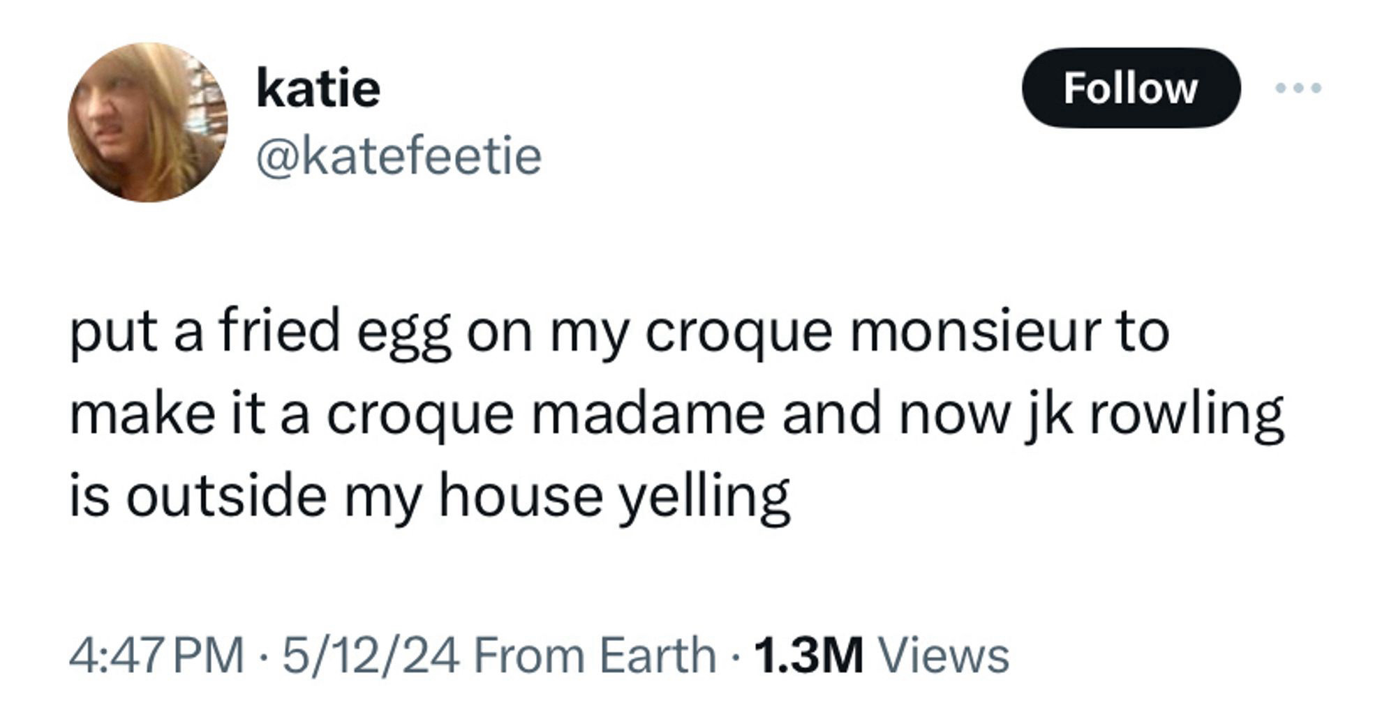 katie @katefeetie
Follow
put a fried egg on my croque monsieur to make it a croque madame and now jk rowling is outside my house yelling
4:47 PM • 5/12/24 From Earth • 1.3M Views