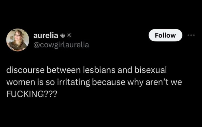 Tweet by @cowgirlaurelia that says “discourse between lesbian and bisexual women is so irritations because why aren’t we FUCKING???”