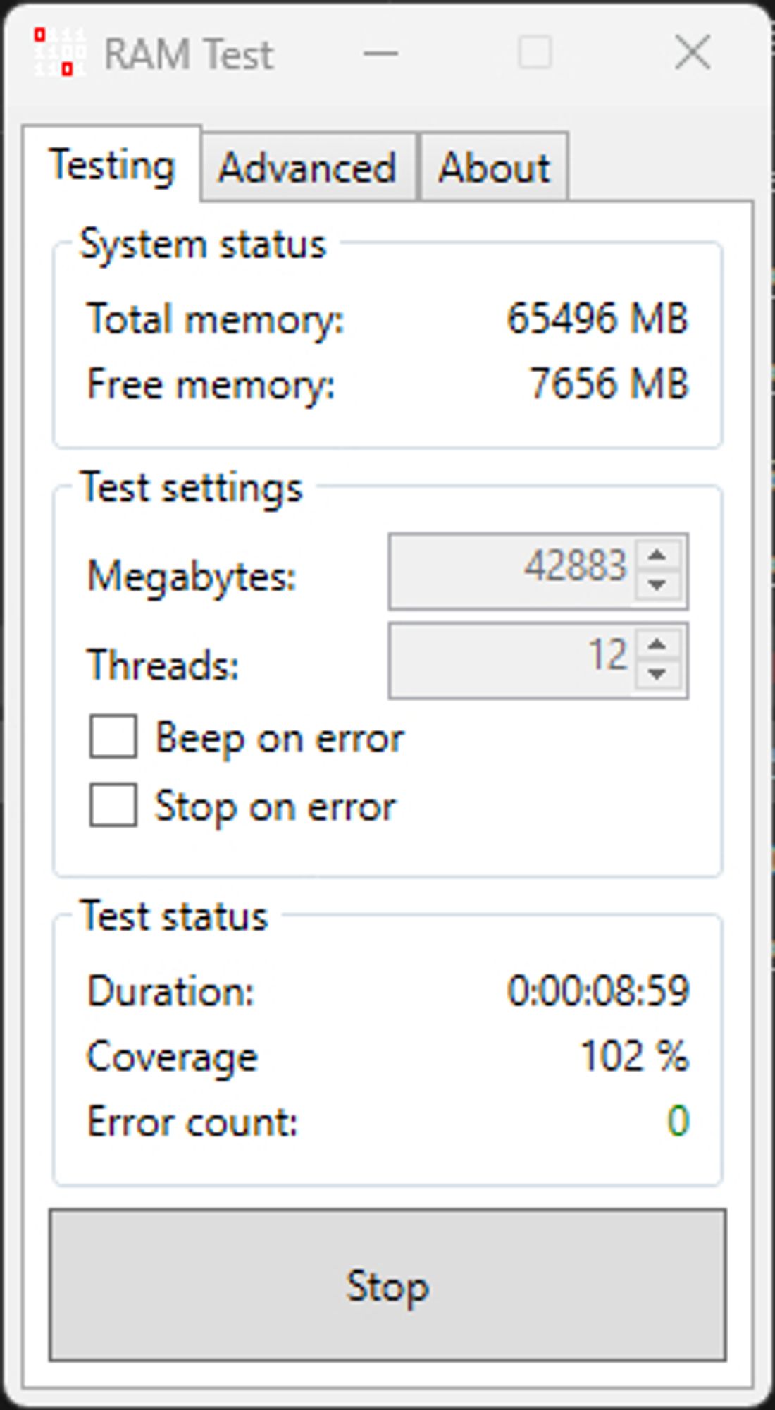 A screenshot of RAM Test by Karhu Software, showing 0 errors after doing a full pass over all available RAM. The old RAM generated 18 errors at this point.