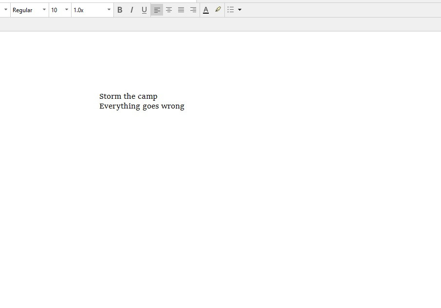 A word processor page. There are literally two lines:
-Storm the camp
-Everything goes wrong