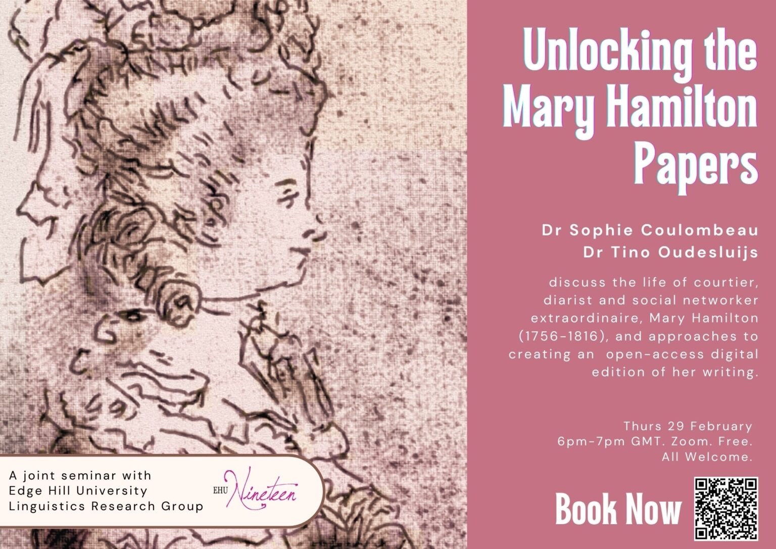 An image of Mary Hamilton with details of the seminar, focusing on her life and thinking about approaches to open access digital editions - all in tasteful pink