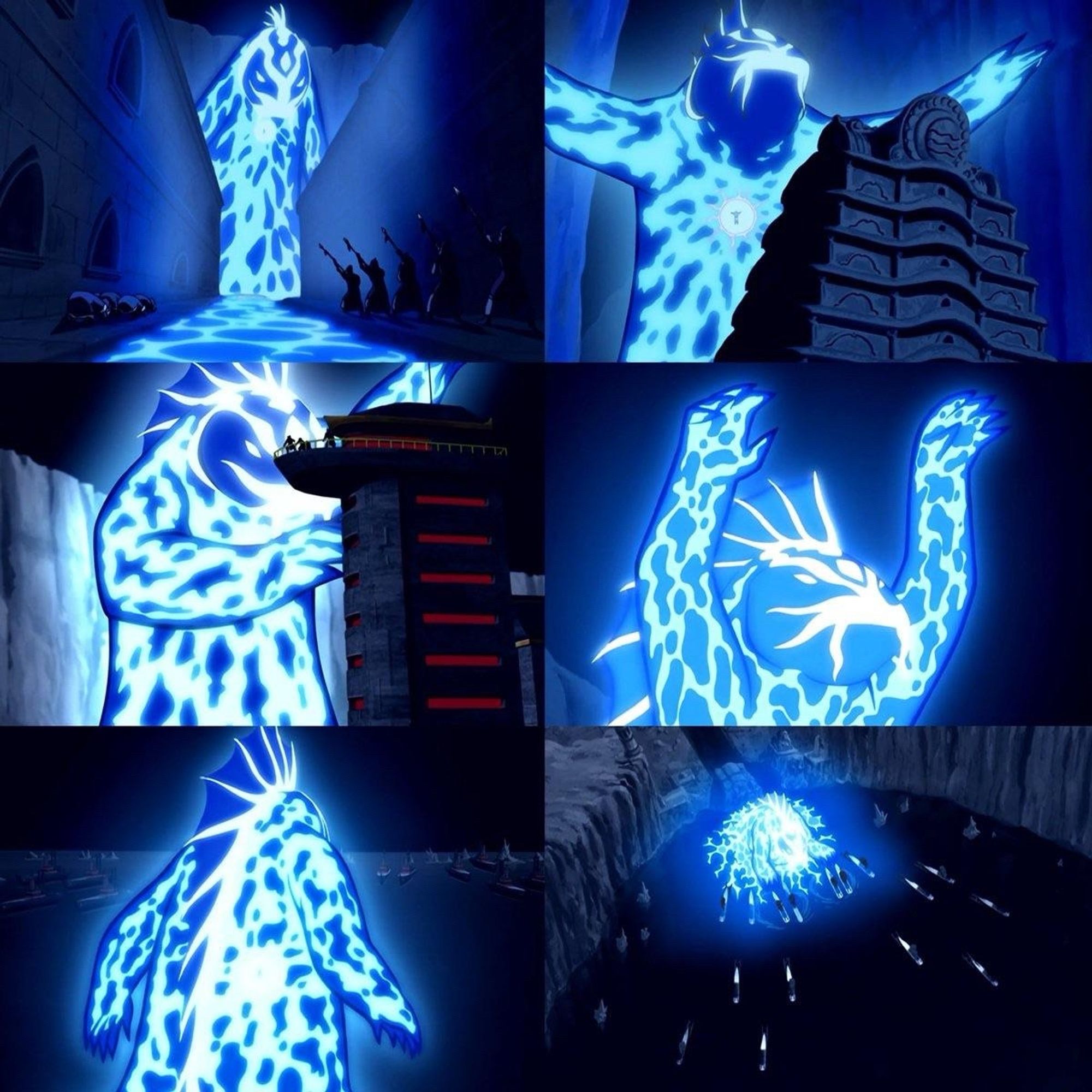 Collage style with 6 frames depicting (Avatar: The Last Airbender) Aang in the Avatar state when he becomes a giant blue reptilian-looking monster made out of water with a huge fin down his back, in various stages of smacking down Fire Nation soldiers attacking the Northern Water Tribe