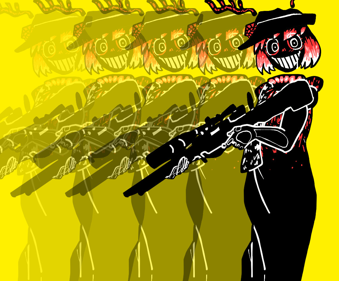 digital drawing of Geli from Corru.observer, posed and colored to look like Yi Xi from the butcher vanity M.V. she is grinning widely and holding a sniper rifle against a bright yellow background