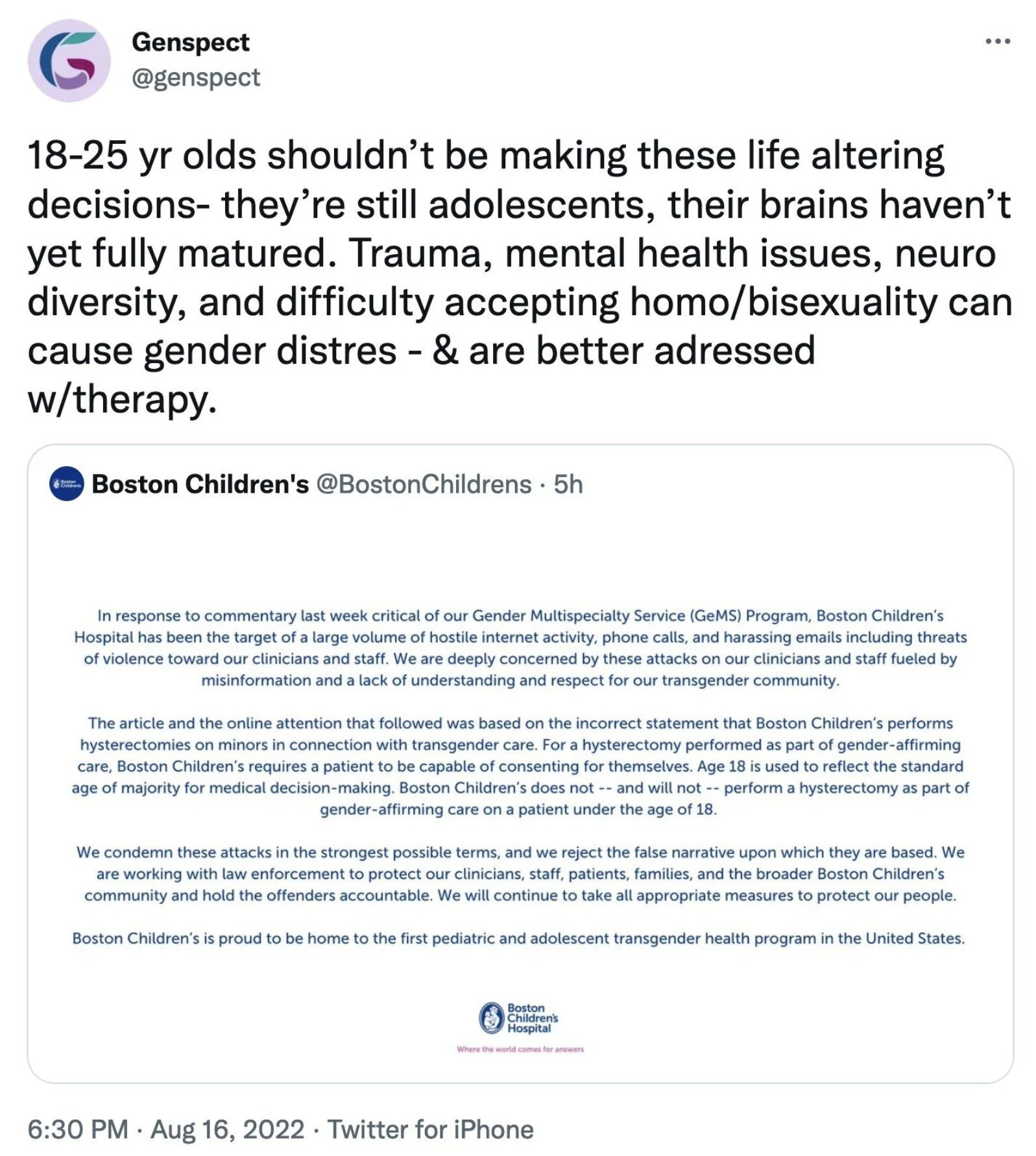 2022 tweet from genspect saying 18-25 year olds shouldnt be making life altering decisions- they're still adolescents, their brains havent fully matured yet. trauma, mental health issues, neurodiversity and difficulty accepting homo/bisexuality can cause gender distress & are better addressed with therapy