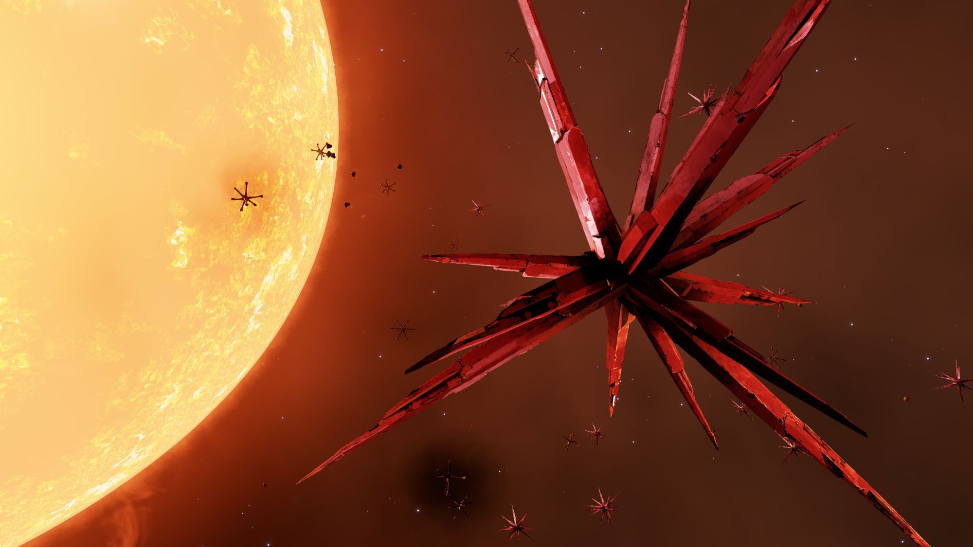 some red crystals floating in front of a K class star ( i think)