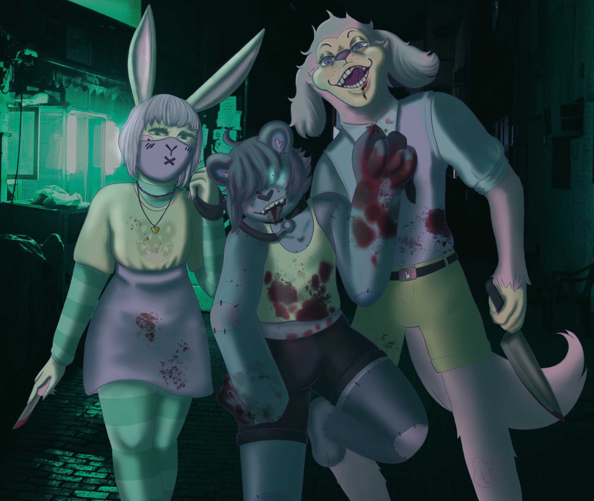 an anthro rabbit, bear, and dog covered in blood approaching you in an alley