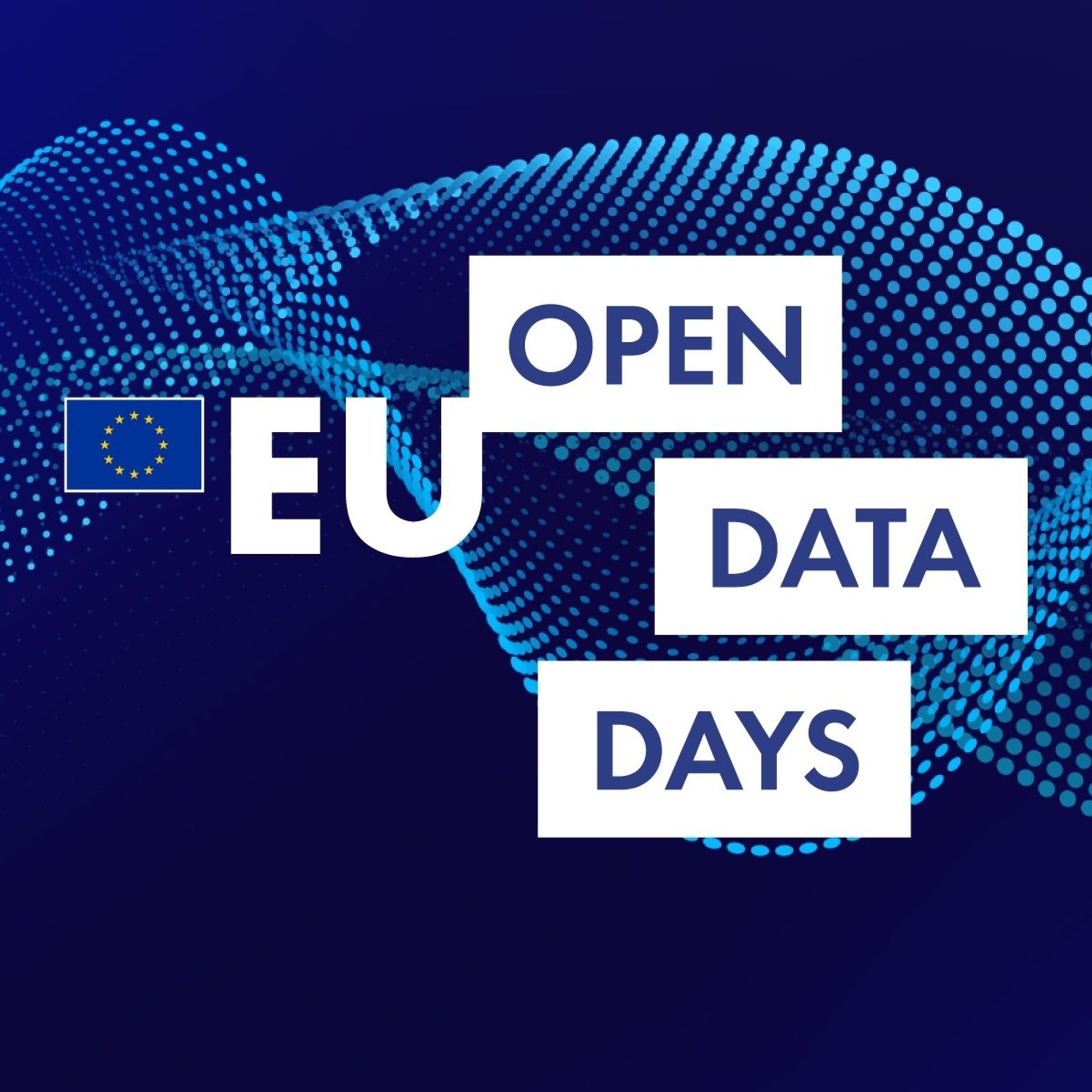 The title of the conference 'EU Open Data Days' stands out, with 'Open Data Days' in boxes. In the background are wavy dotted lines. The whole is suggestive of data and data visualisation. There is also the EU flag.