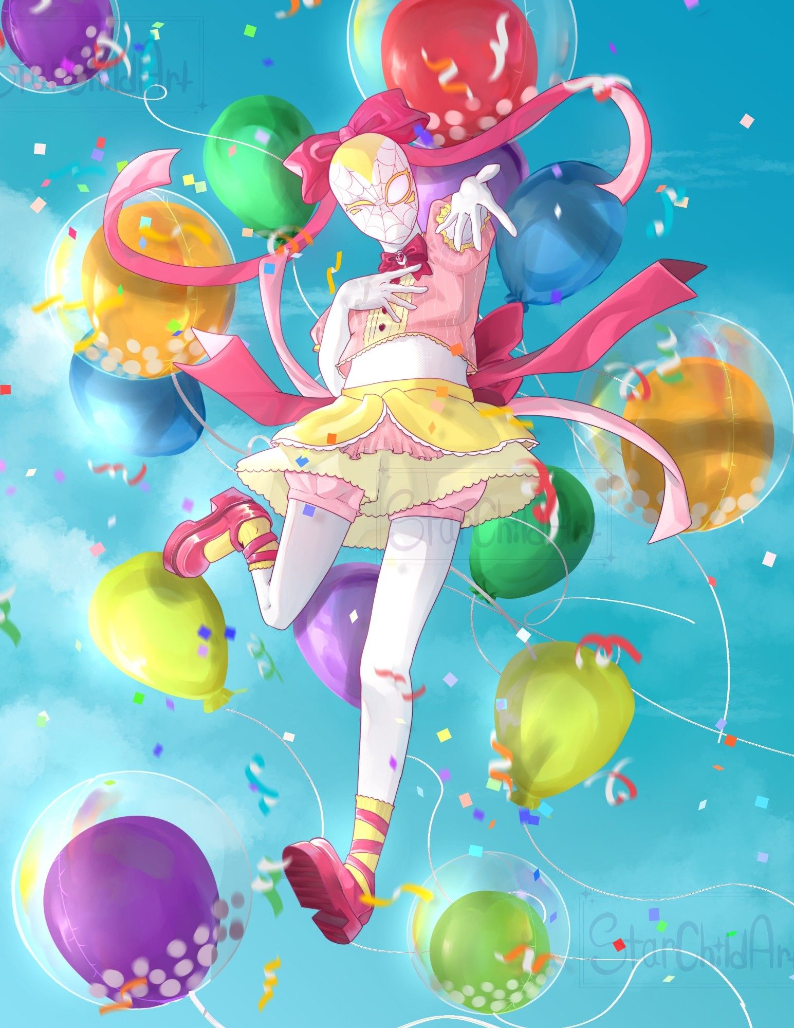 Digital drawing of my spider-sona magical girl Petra. Surrounded by balloons and confetti