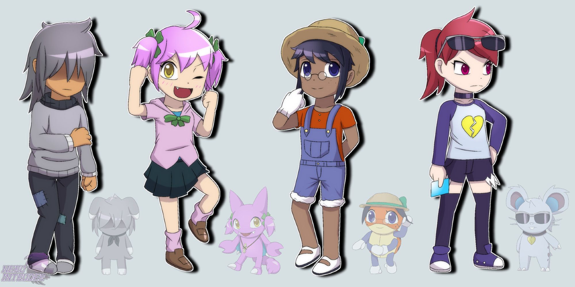 Human versions of the PMD Nightfall main characters, Nova the Espurr, Ouka the Gligar, Ruby the Ledyba and Envy the Nidoran.