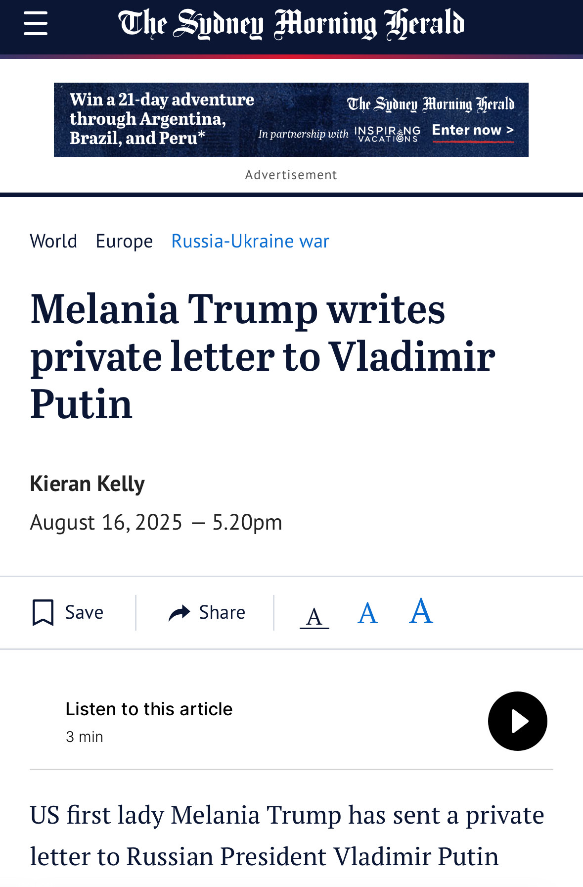 Screenshot of newspaper article of Melania Trump writing a letter to Vladimir Putin