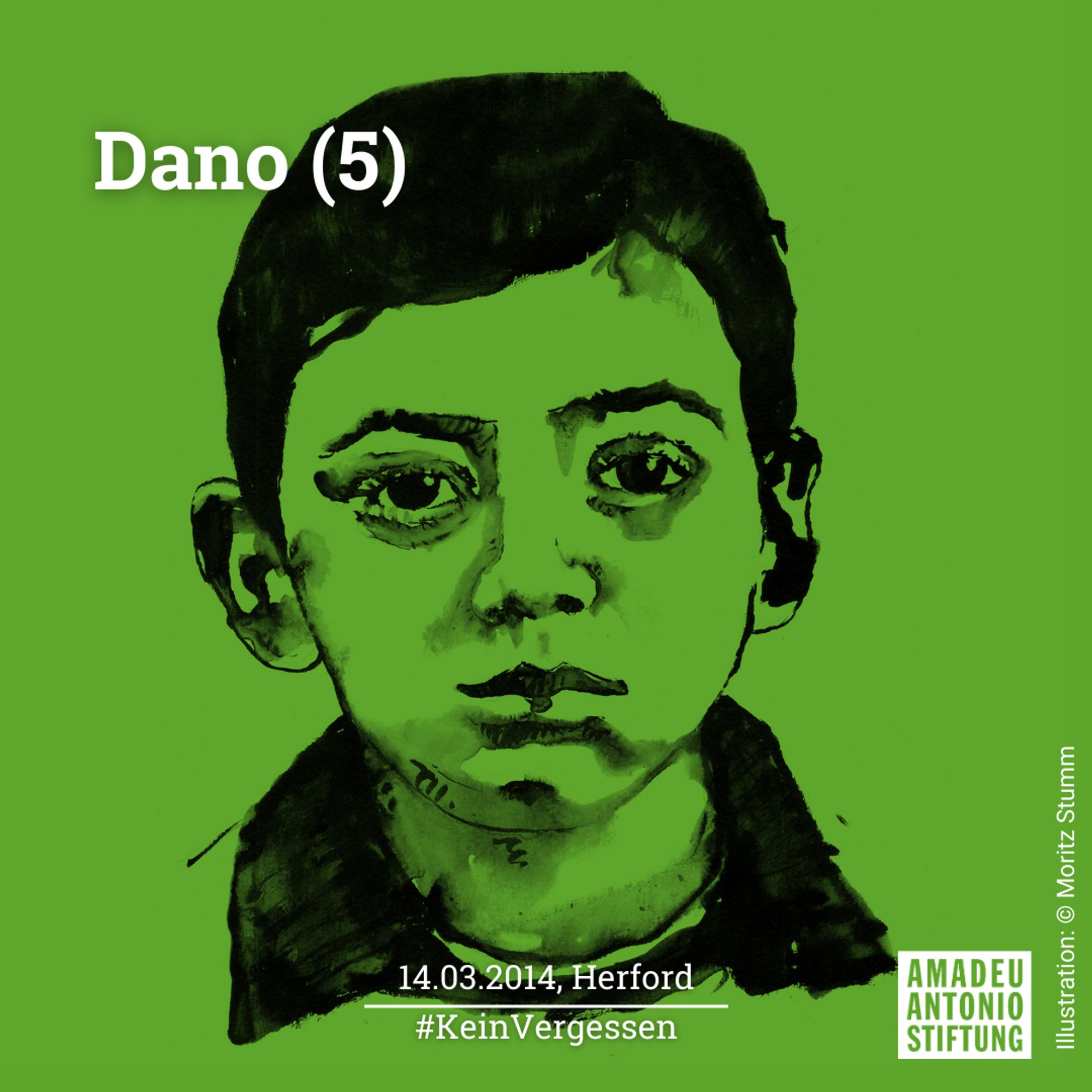 Das Bild zeigt eine Illustration des Porträts von Dano und trägt die Aufschrift:
Dano (5)
14.03.2014, Herford
#KeinVergessen