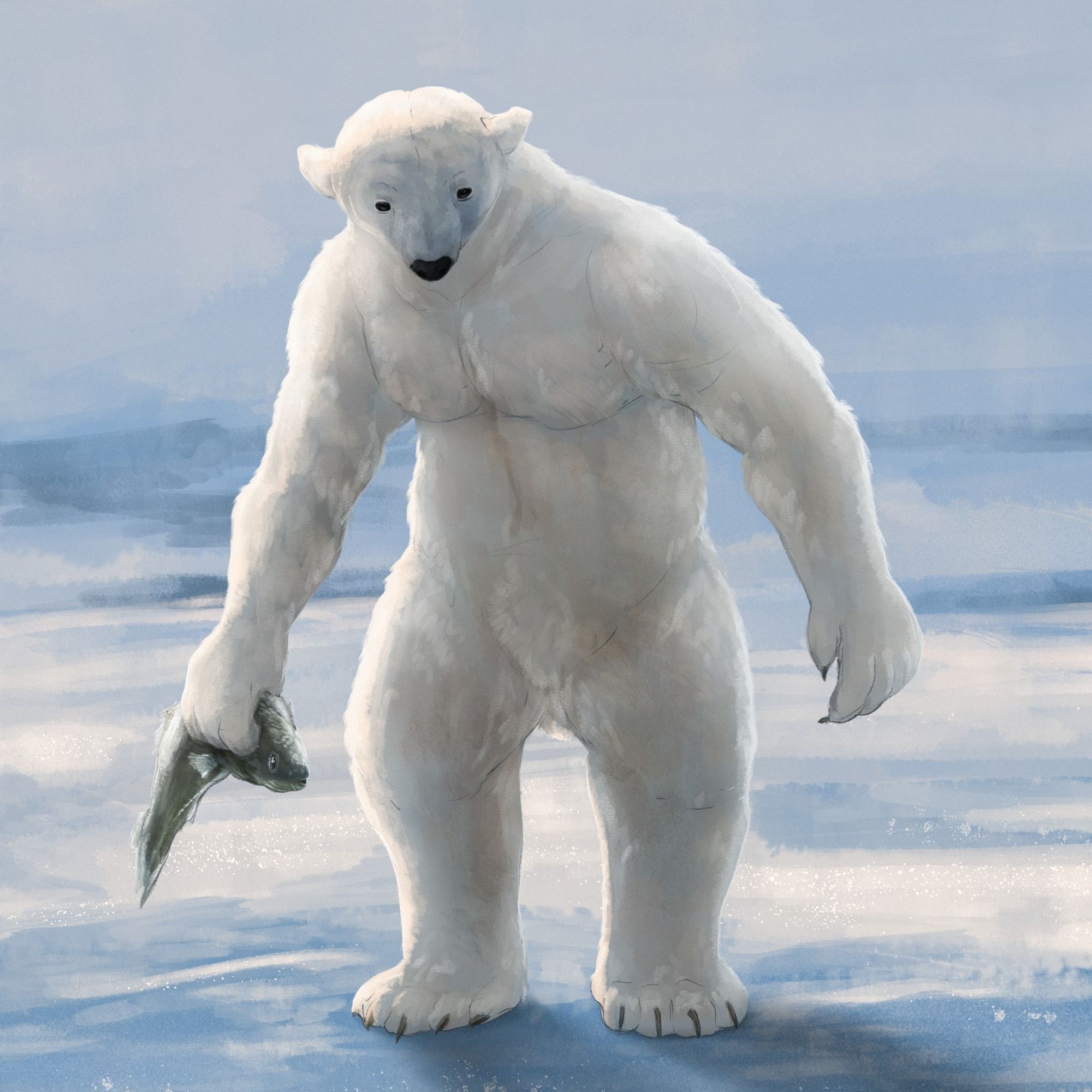 Digital art of an anthro polar bear in an icy landscape holding a fish.