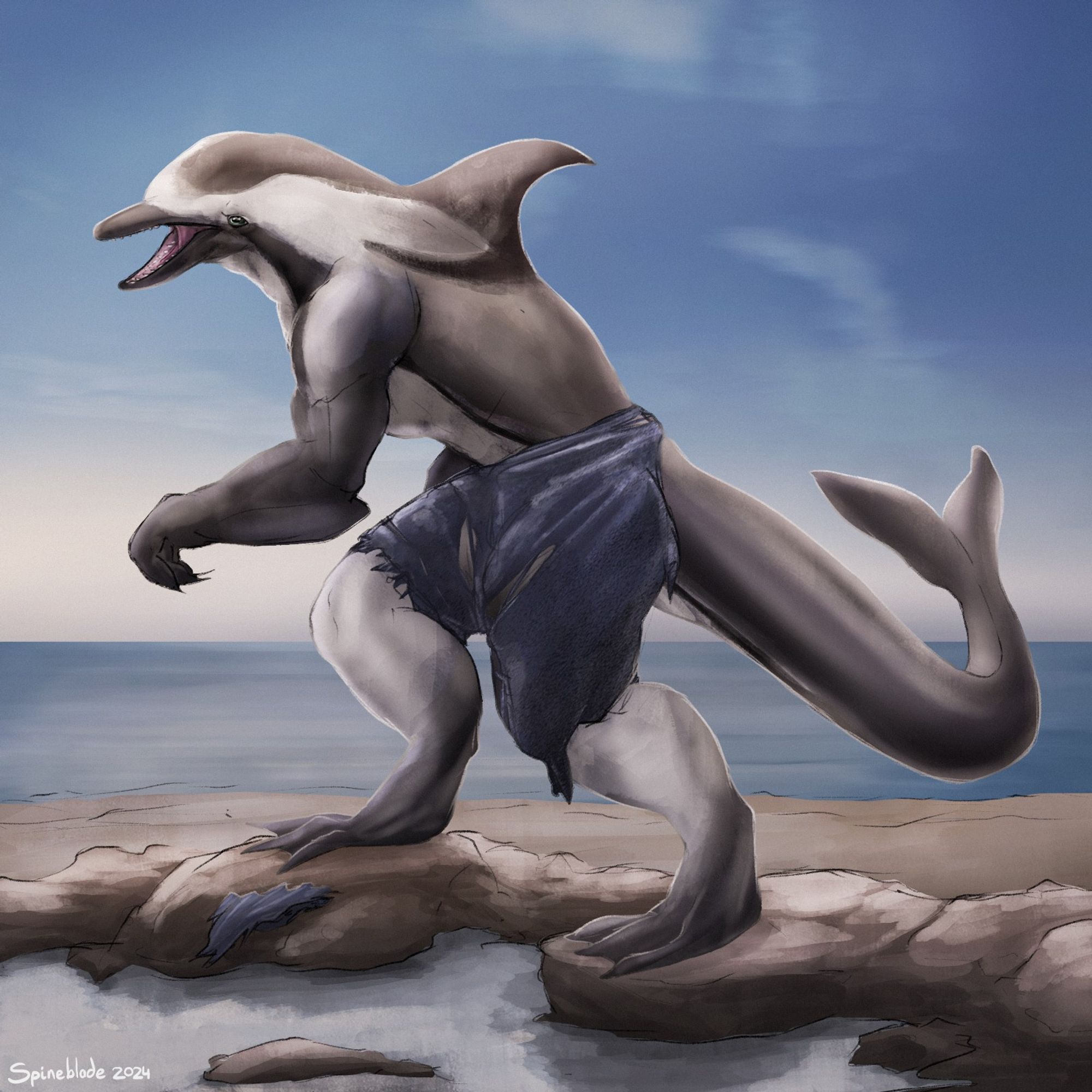 Digital art of a were-dolphin standing on some rocks at a beach in morning light.