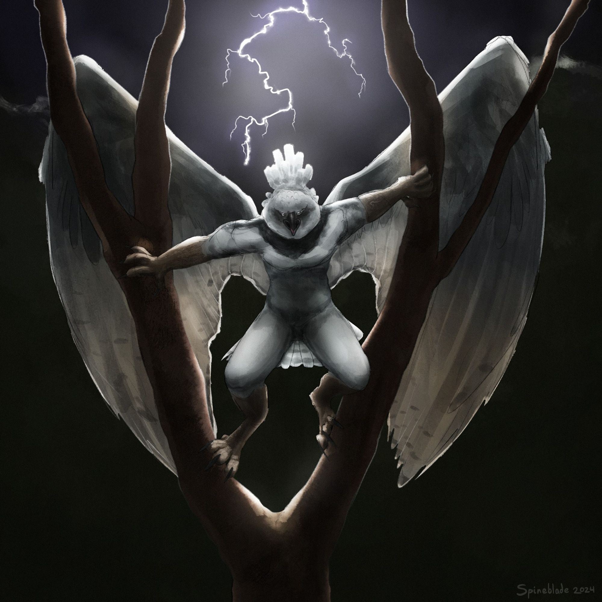 Digital art of an anthro harpy eagle posed in a V-shaped tree, with lightning flashing behind it.