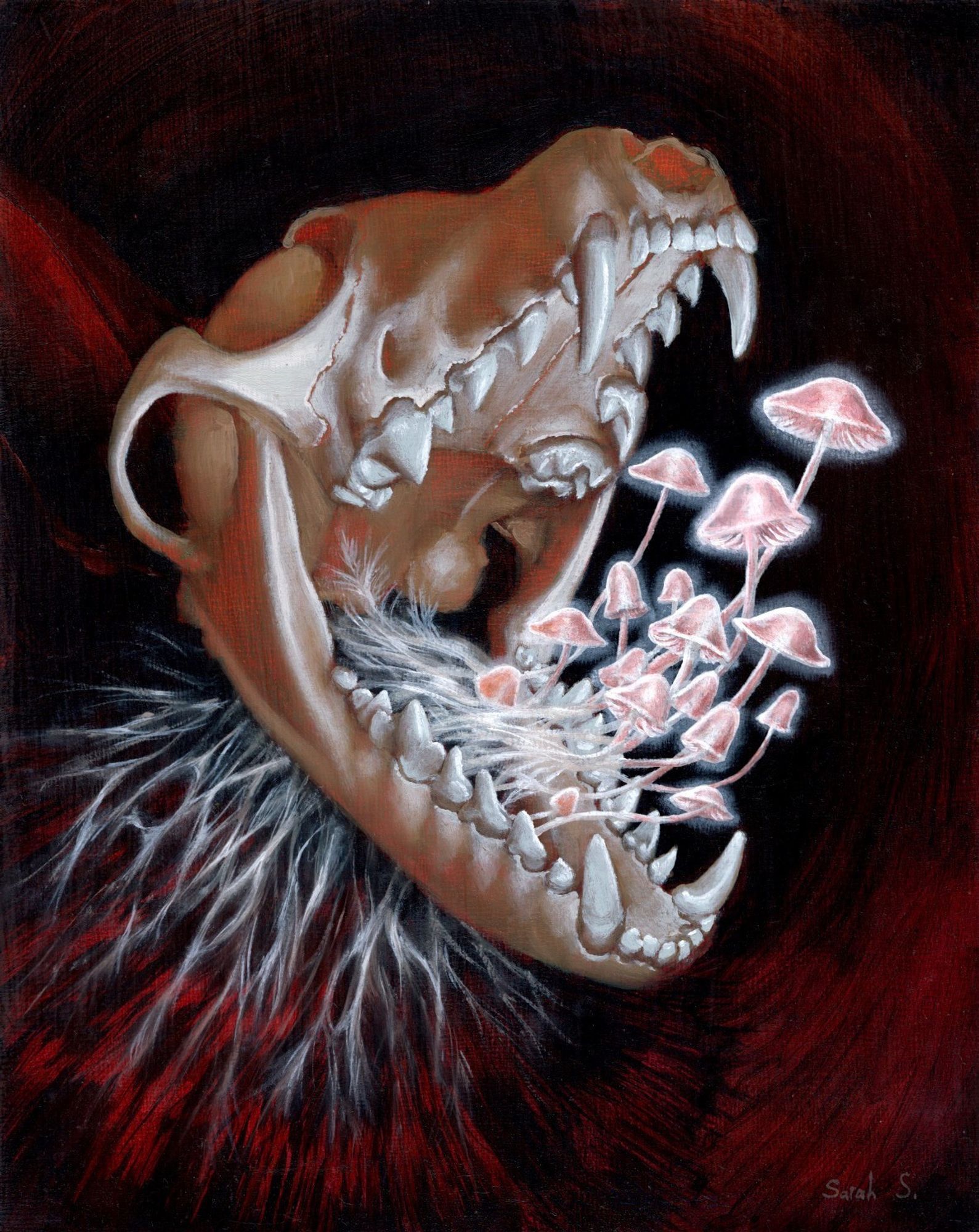 Oil painting of a fox skull with glowing mushrooms.