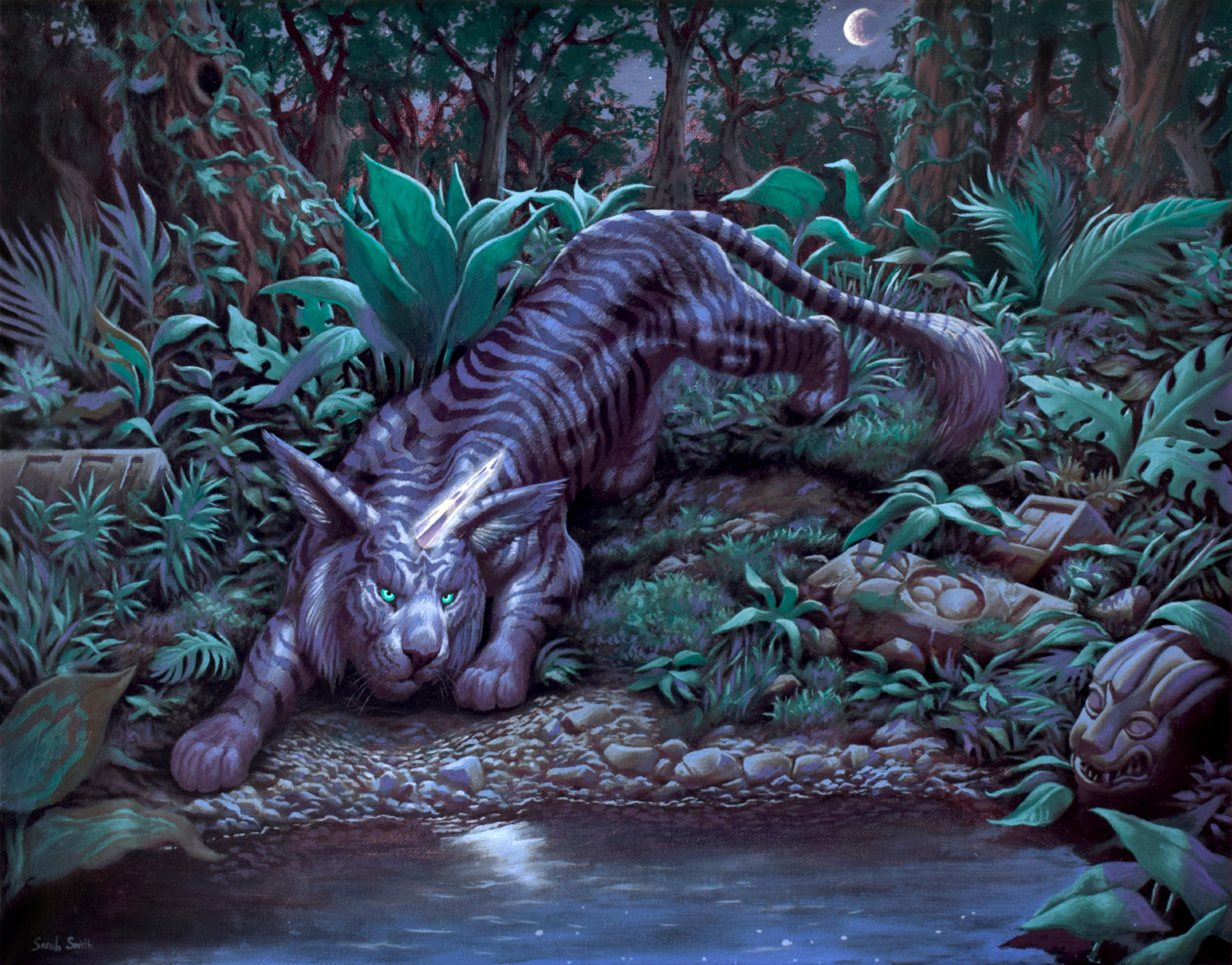 Fantasy tiger with a horn, prowling in a jungle
