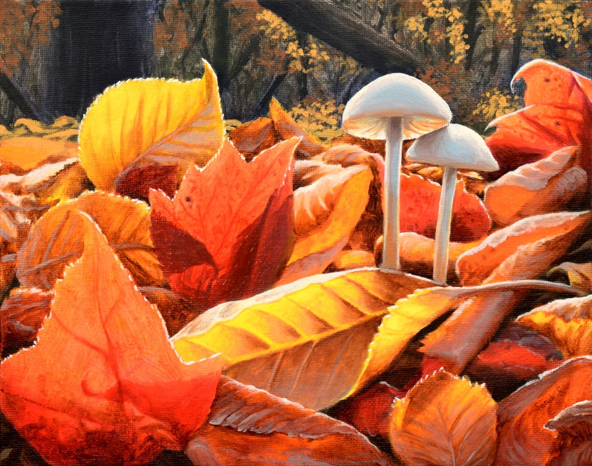 Oil painting of vibrant fall leaves surrounding white mushrooms