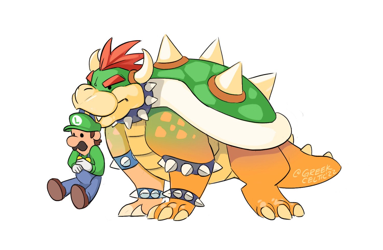 Bowser on all fours carrying Luigi by the scruff.