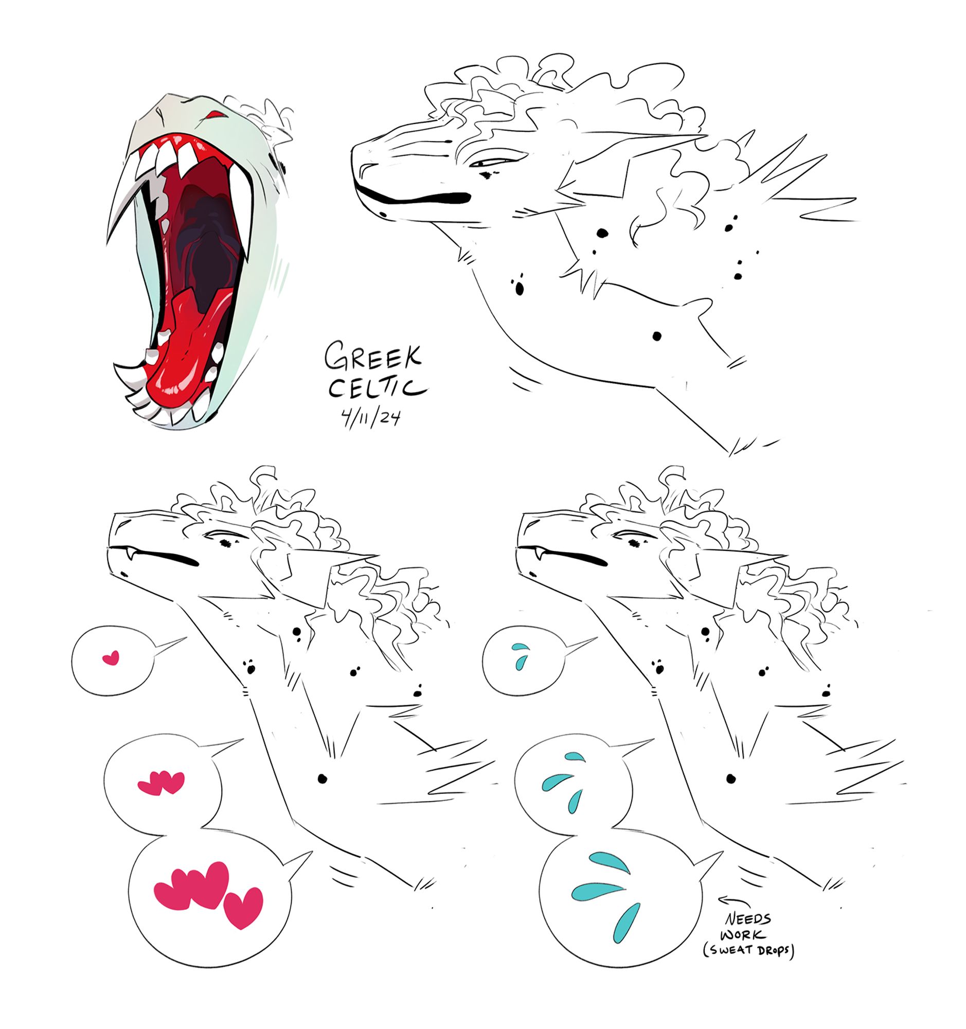 I'm always conflicted about describing these Lol
Some sketches of Worm (Junior's 'dragon' form). I've drawn his maw open with a missing tooth on the upper left side. There's a couple of sketches of him swallowing large (someone) and word bubbles beside his neck. Increasing hearts in one set. Increasing sweat drops in the other.