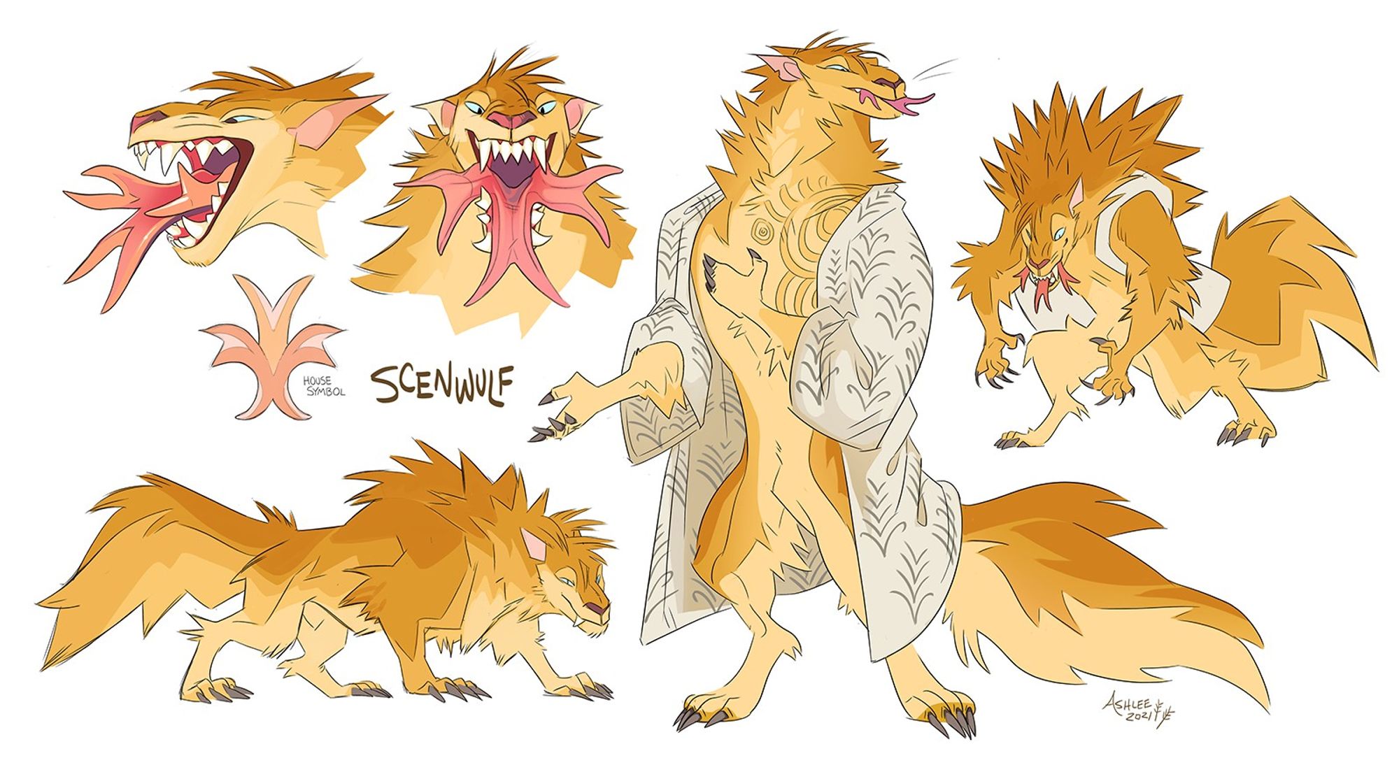 A golden werewolf shaped monster in a white robe with stitched on plant stalks. His tongue splits three ways and has six prongs on its ends.