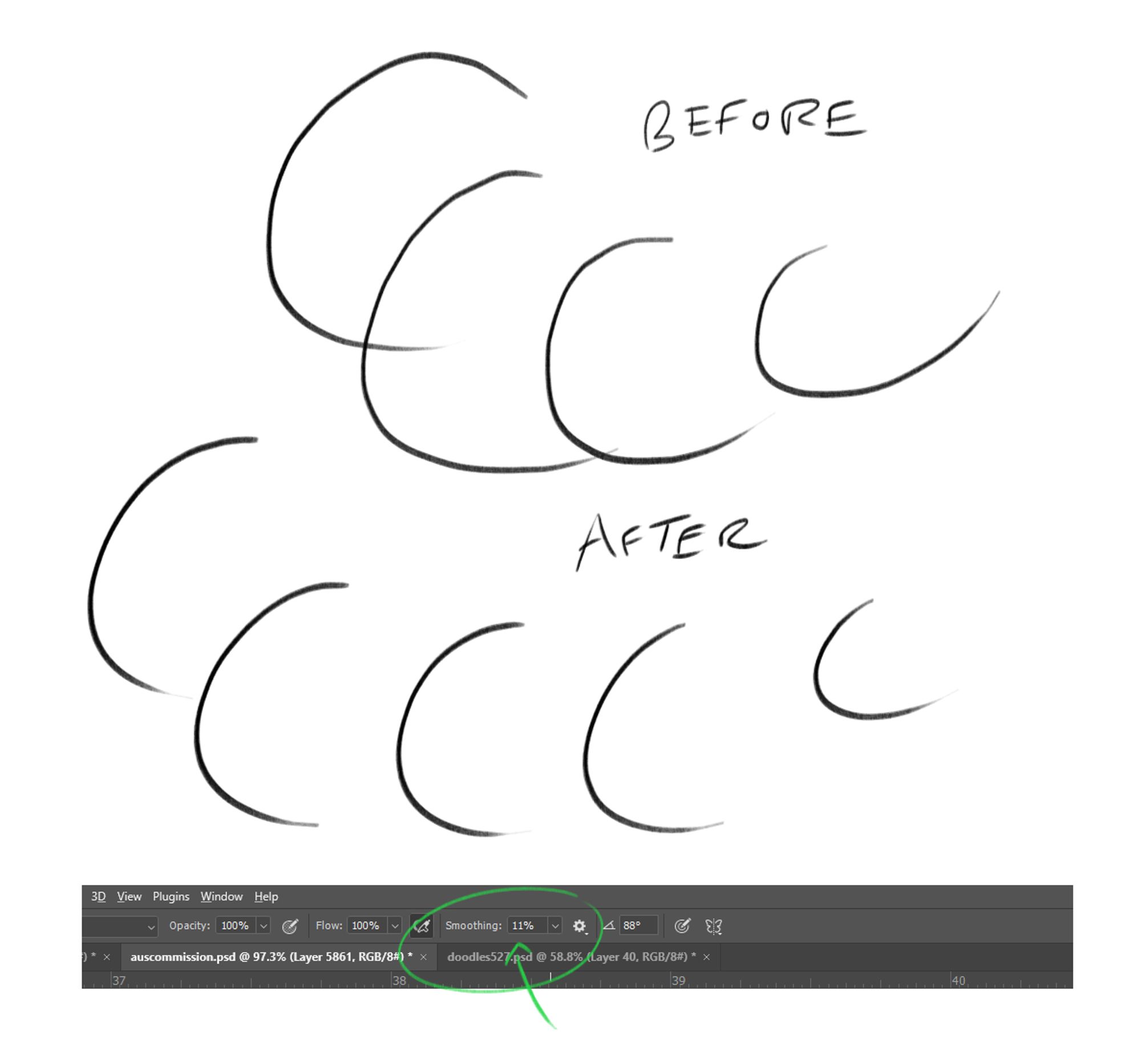 Before and after of wobbly pen lines in photoshop. I fixed them by adjusting smoothness on the top menu bar (which brush is selected).