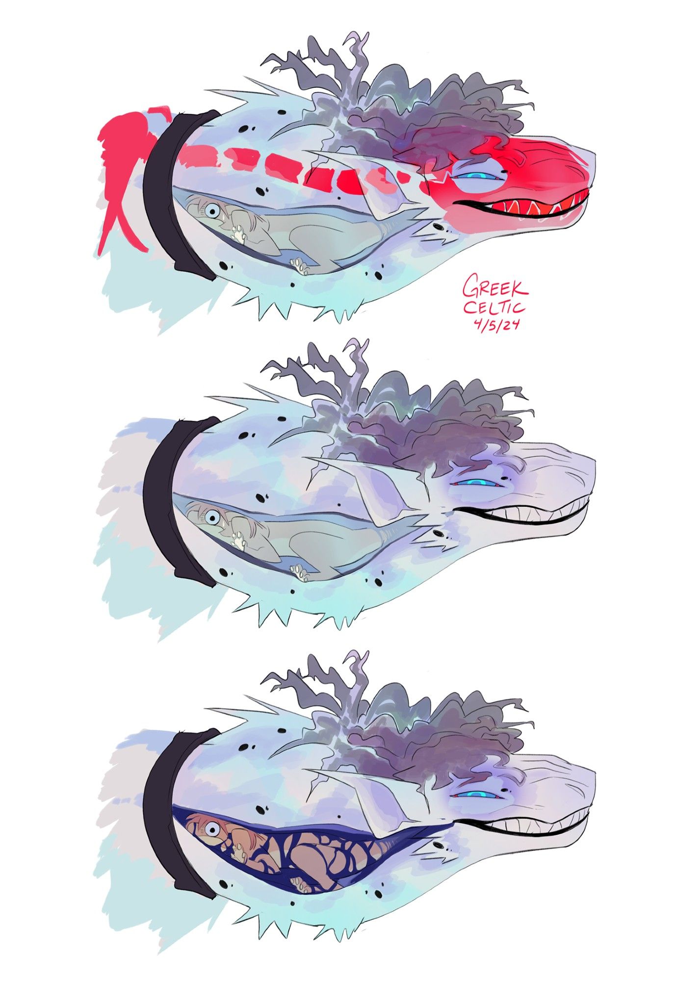 Side profiles of Junior's dragon form. He has eaten Jacky's dragon form (she's fine, Lol).
I was just trying different ghostly effects, since he is some kind of ghost. The top one has a red skeleton showing through.