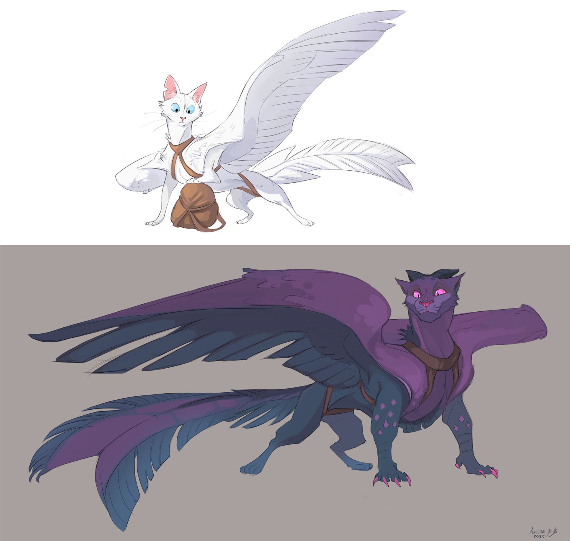 Winged cats with feathered tails. one of them has a bag. They're both wearing harnesses. It's implied they're large enough to ride.