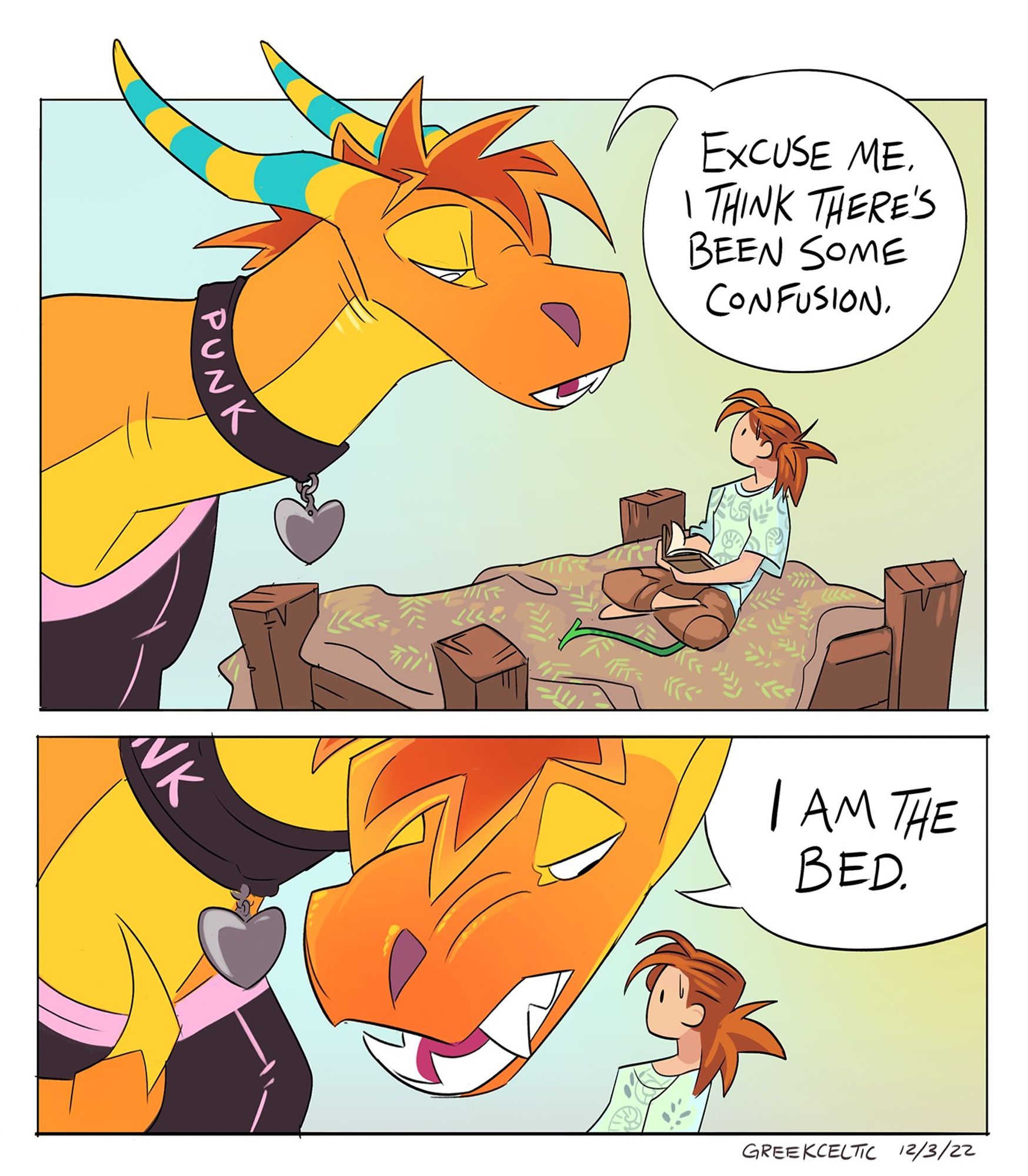 Herman (dragon, and quite large) leans over Jacky, who is sitting in bed with a book.
Panel 1: Herman says, "Excuse me I think there's been some confusion."
Panel 2: He points at himself. "I am the bed."