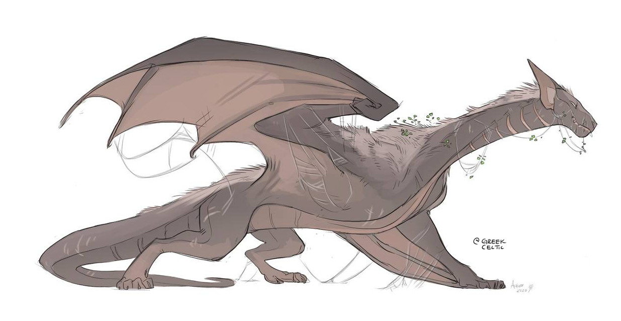 A gray brown dragon (wyvern) with fine white fur on his back and long, pointed ears. He's covered in strings of web-silk.