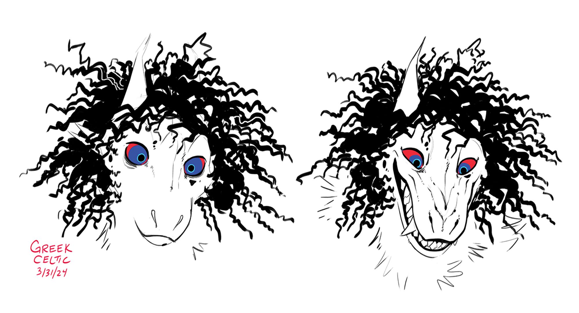 A white dragon with wild black hair and red and blue eyes.
In the first image he's staring. In the second he's grinning to his back teeth. He always looks a little bit menacing but that's just how he's shaped.