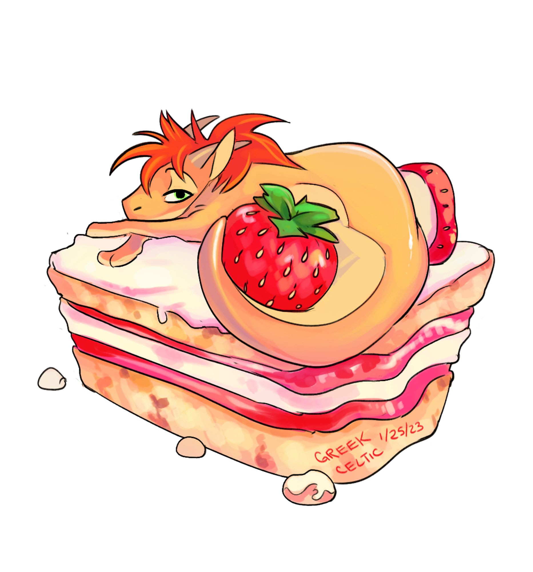 A small dragon laying on a piece of cake with its tail wrapped around a strawberry.