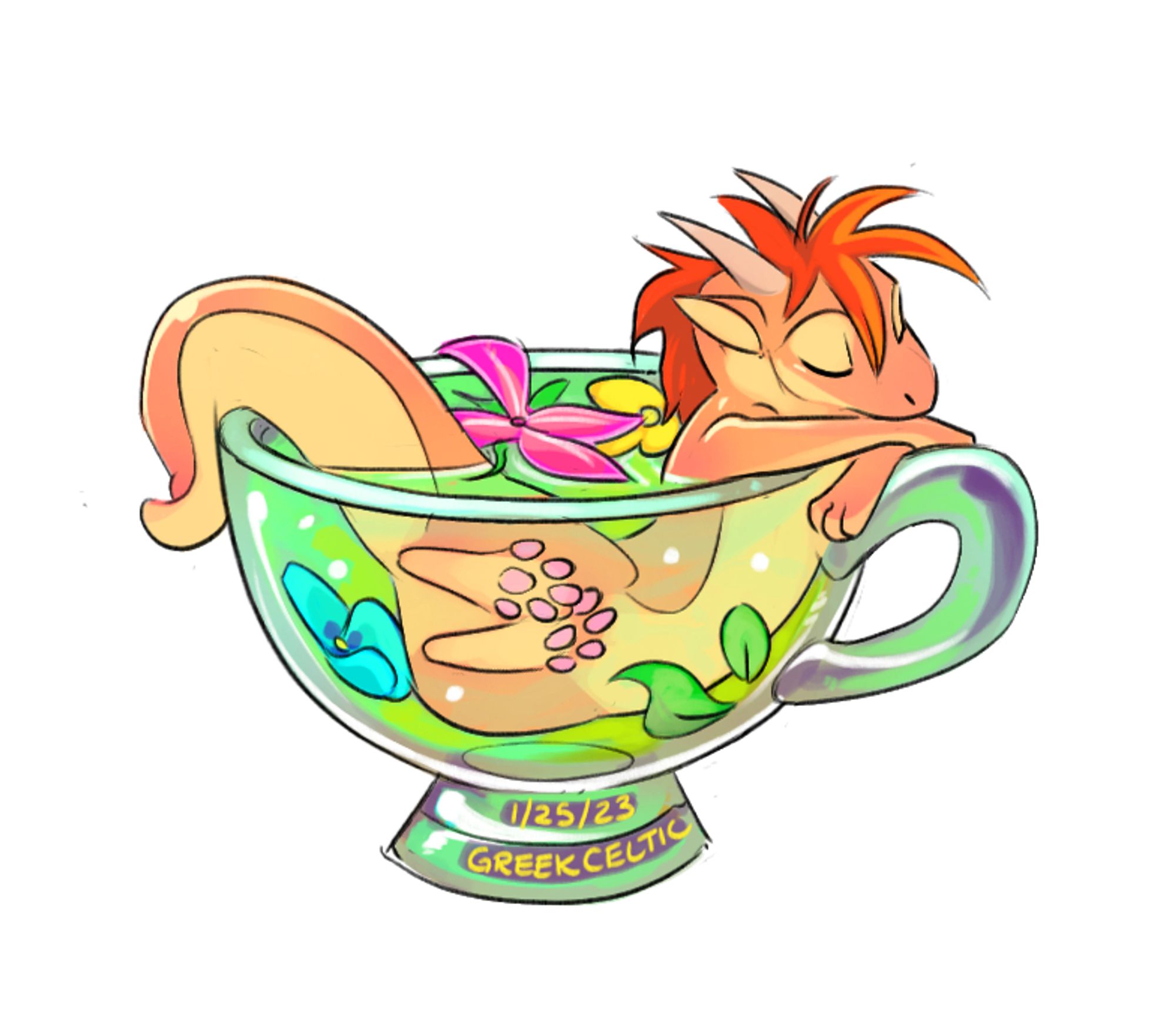 A small dragon (Jacky) naps in a glass of green tea. The tea is full of flowers.