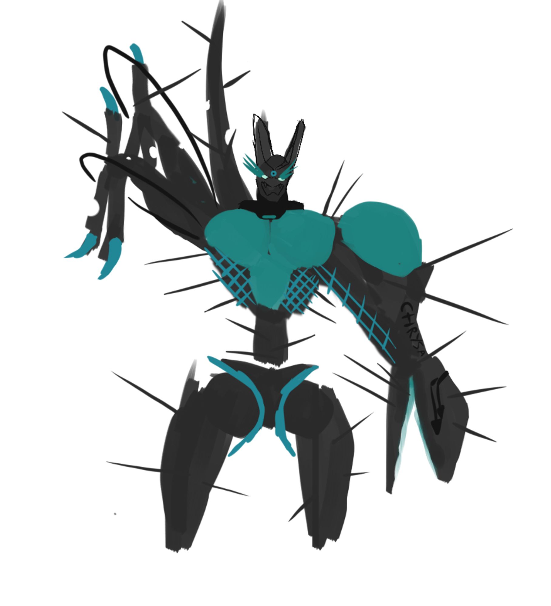 Queen Chrysalis god form. Black Omegamon covered in spikes like Silcoon or Cascoon. One of her arms ends in a dromaeosaur head and has the helmet piece of Cell from DBZ