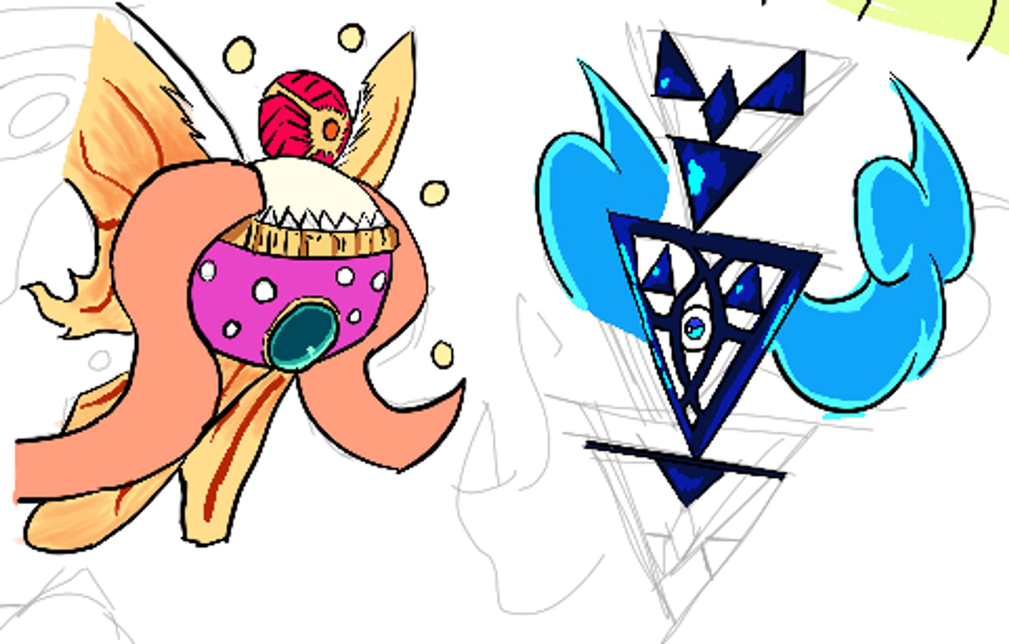 Strange designs for Joon and Shion Yorigami from Touhou project.
Joon is a large fire butterfly consisting of 2 decorated orbs.
Shion is an abstract blue butterfly thing made up of triangles with 2 blue flames for wings