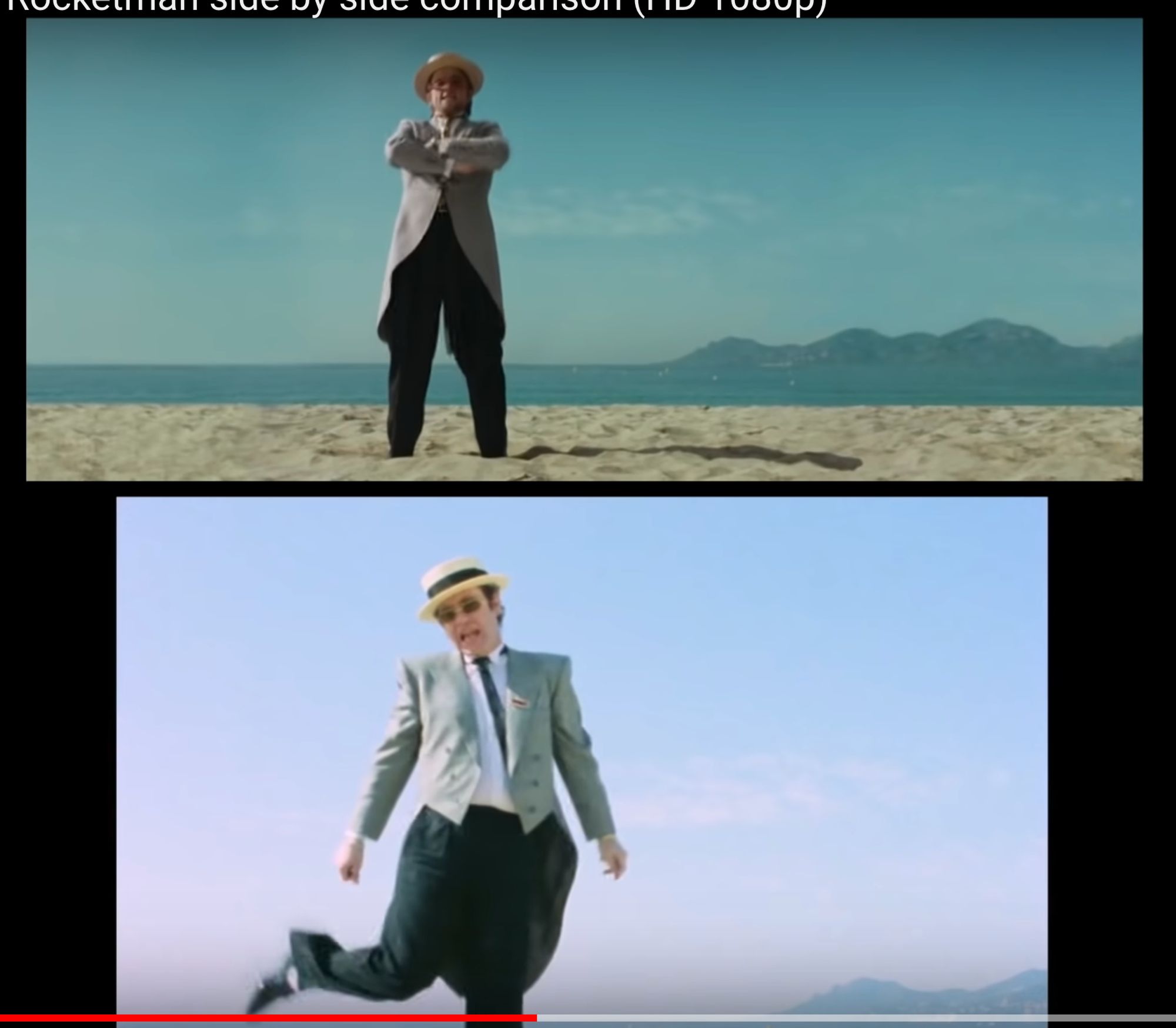 Superposition de deux version d'un même plans du clip I Still Standing

En haut Taron Egerton filmé en Scope de plein pied sur la plage avec en arrière plan les montagnes d'une ile ou d'une baie

En bas Elton John filmé en 4/3 en plan entre l'Américain et l'Italien (bref plus près) sur la plage avec le bout des mêmes montagnes d'une ile ou d'une baie