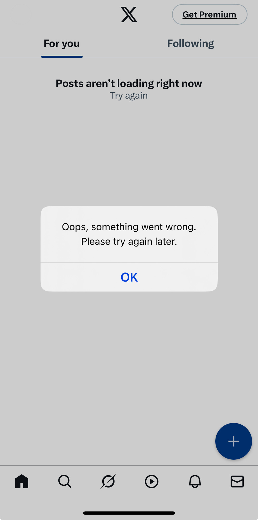 X social media error screen of “Posts are not loading”