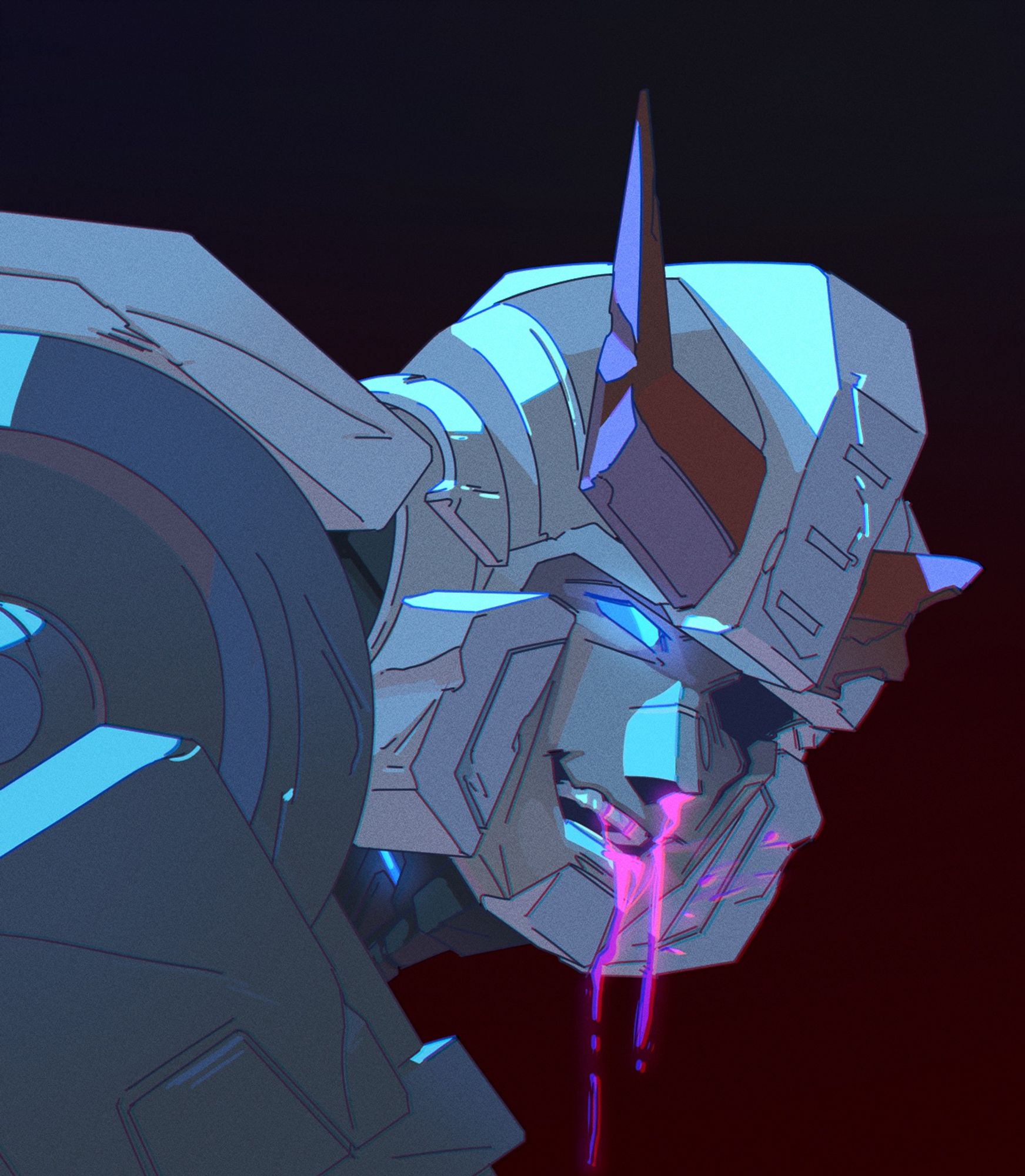 a panel redraw of prowl from sins of the wreckers doing a devious little grin with energon on his face